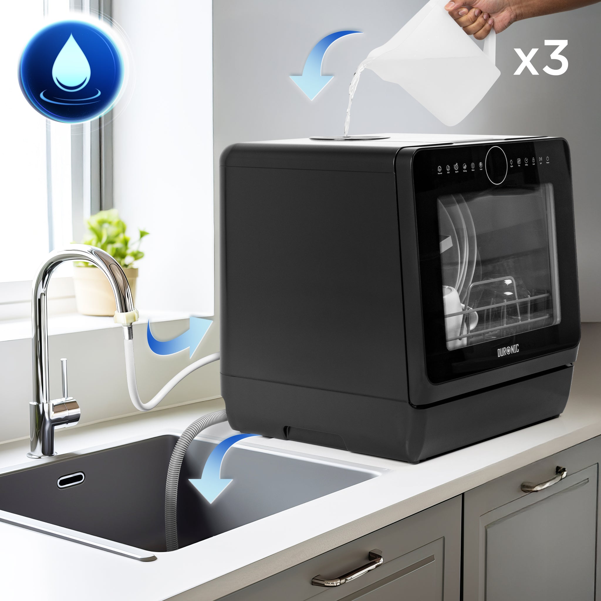 Duronic DW5 BK tabletop dishwasher pouring 3x jugs of water to clean plates cutlery glasses fruit