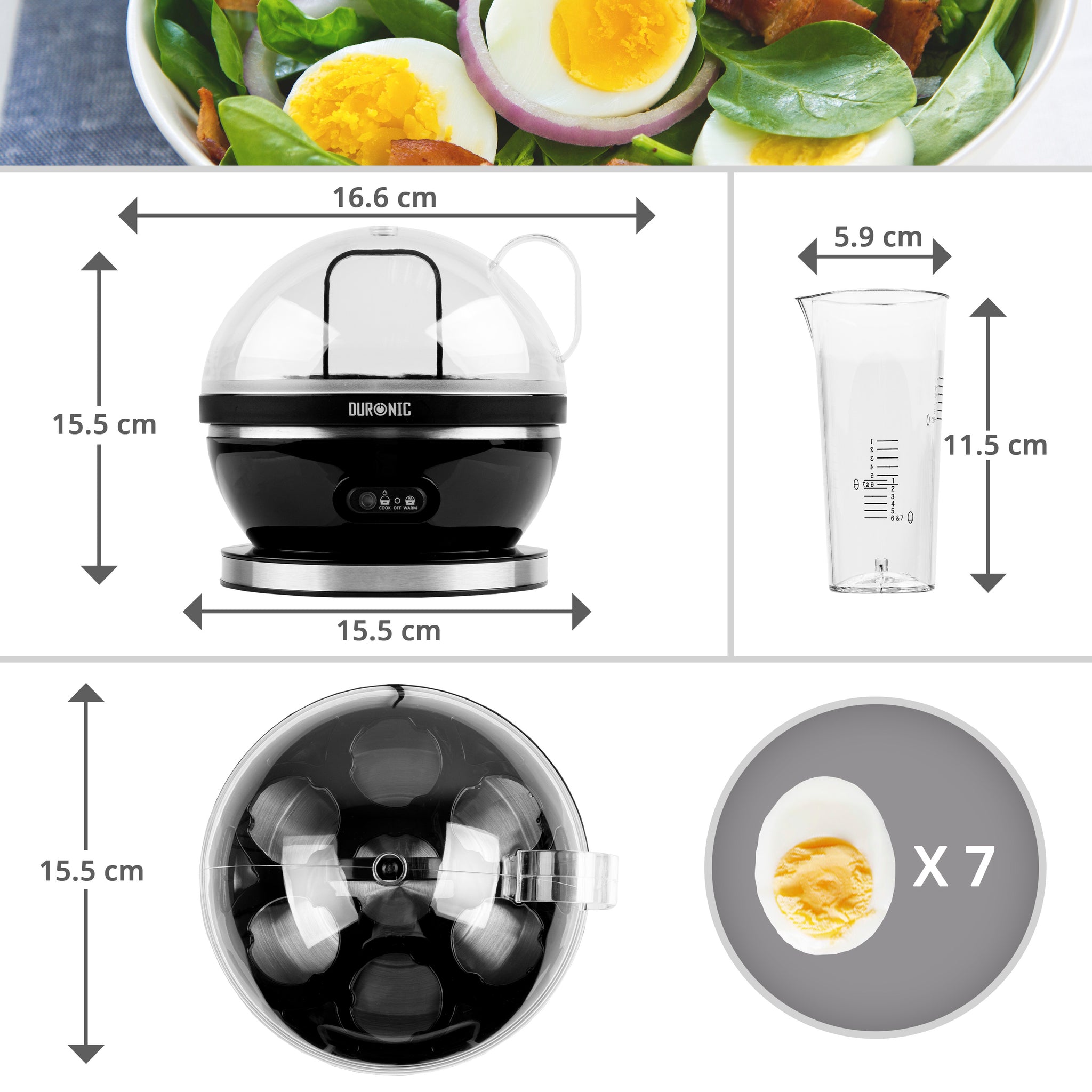 Duronic EB27 BK electric egg boiler dimensions and capacity to boil 7 eggs at a time