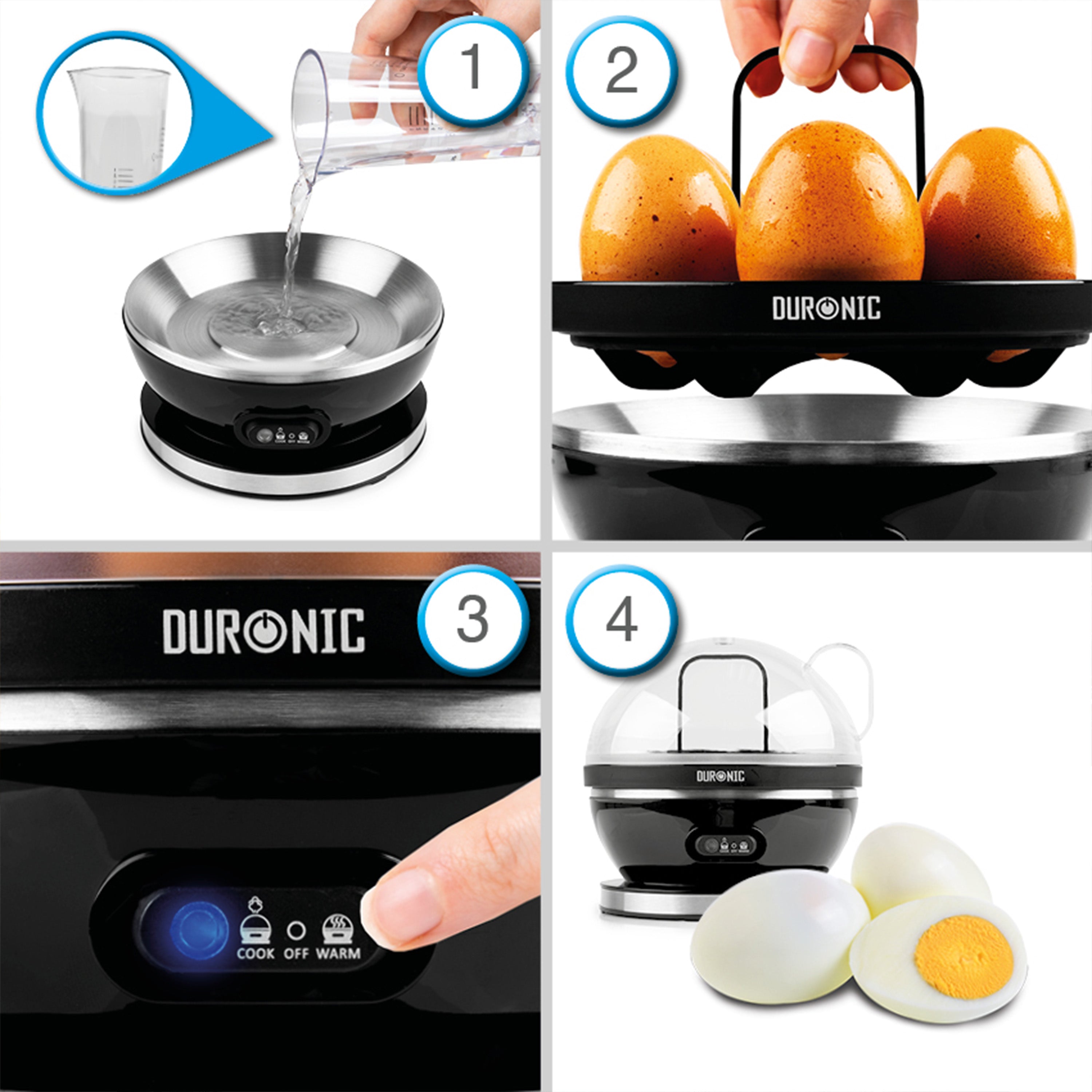 Duronic EB27 BK electric egg boiler step-by-step instructions on how to effectively boil eggs