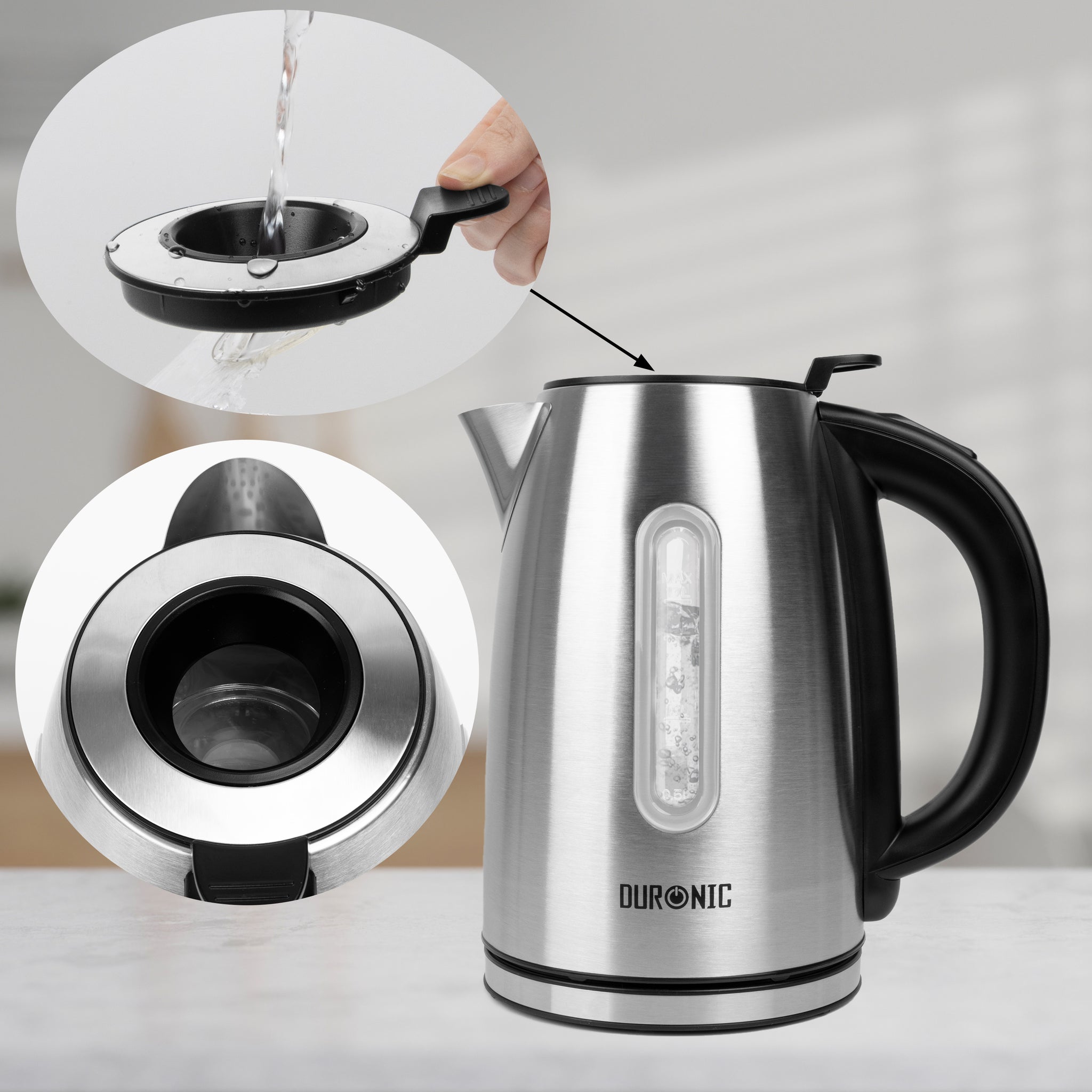 Duronic EK43 digital electric kettle with a unique and innovative lid, allowing you to pour water directly through the lid without opening it