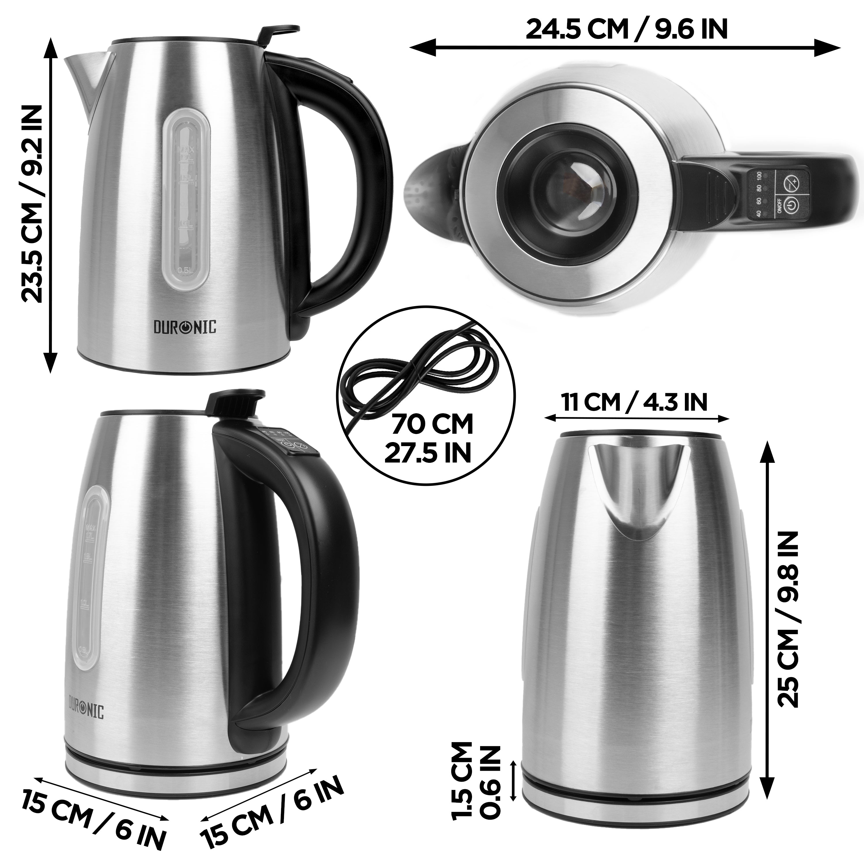 Duronic EK43 stainless steel electric kettle dimensions of height, length, width with UK plug