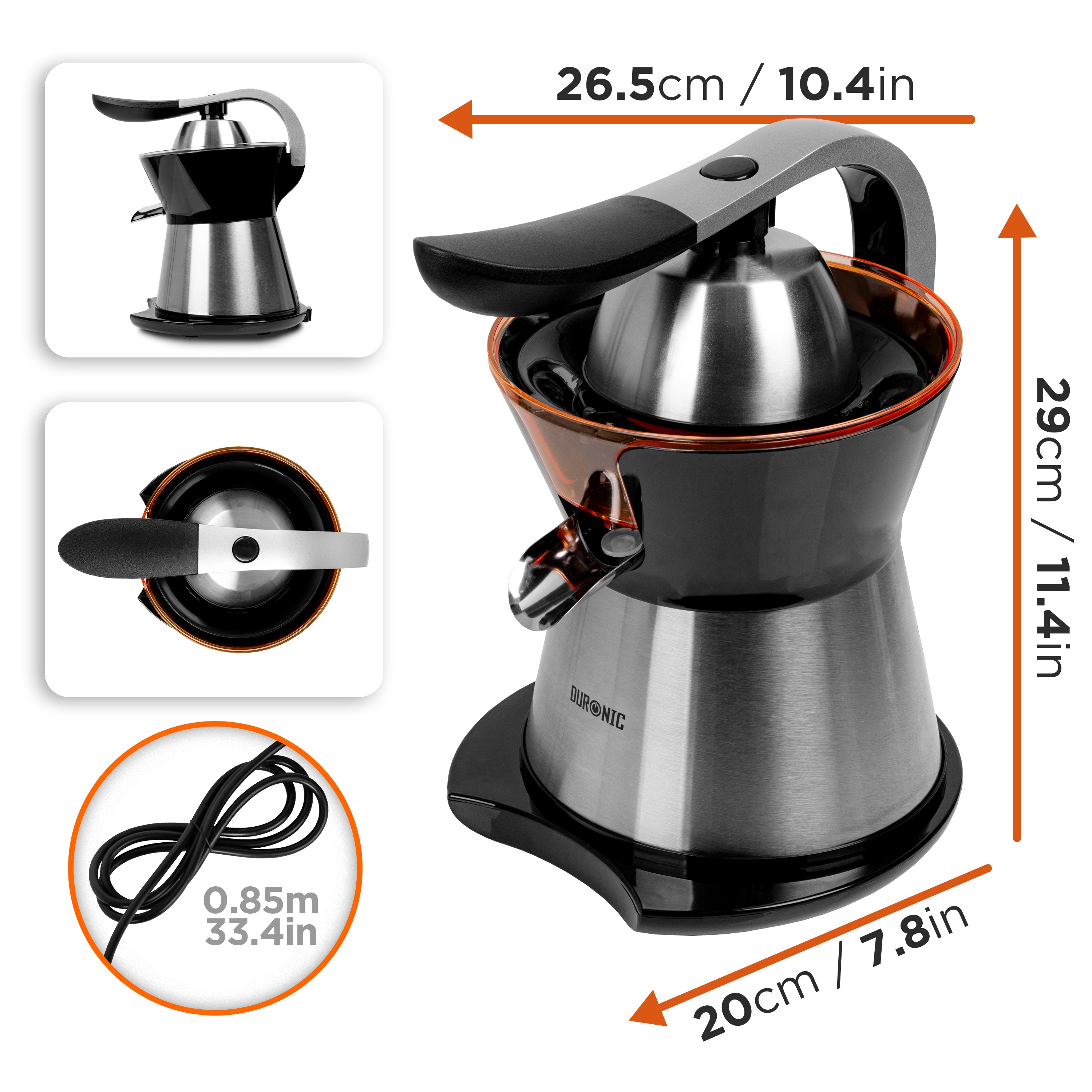 Duronic Electric Citrus Juice with product and cable dimension