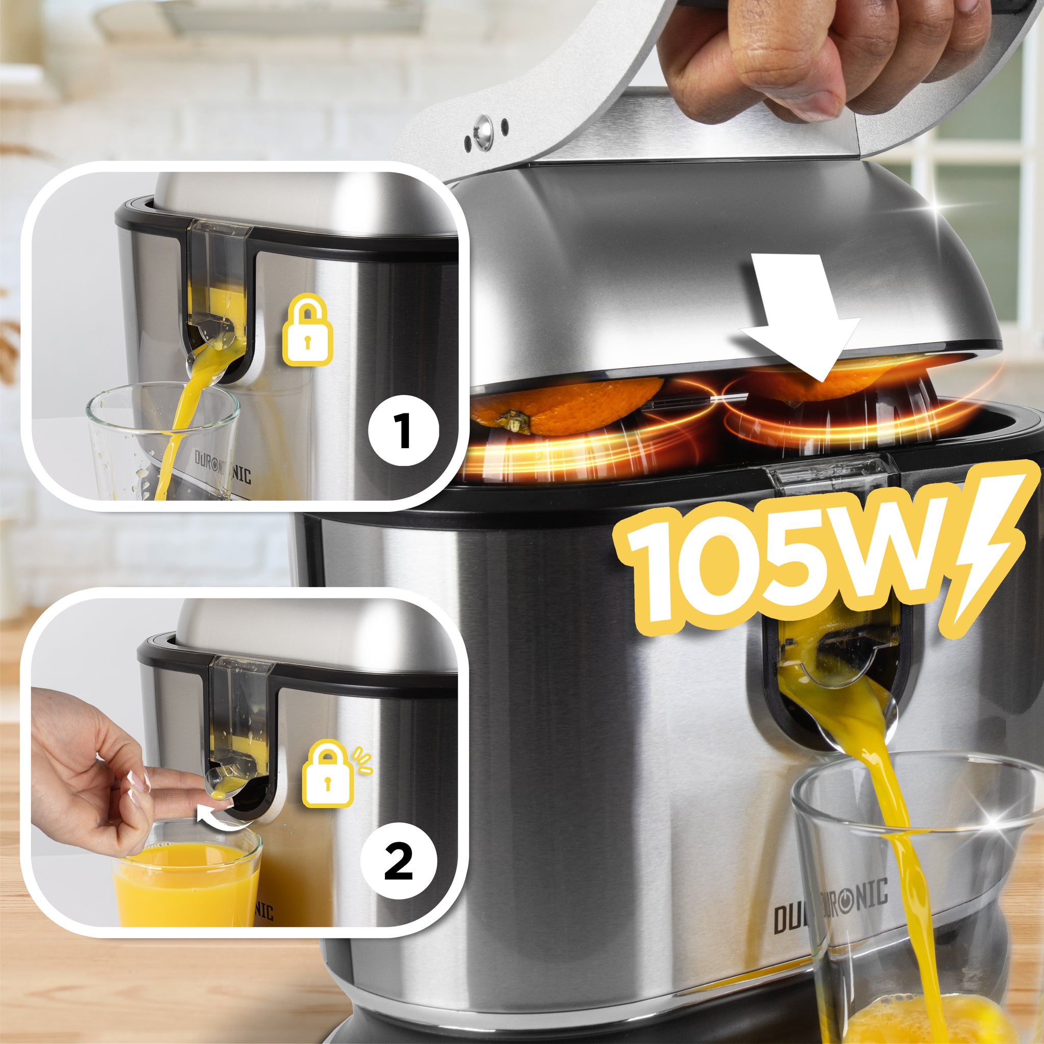 Duronic Electric Citrus Juicer squeezing fresh orange juice into a glass