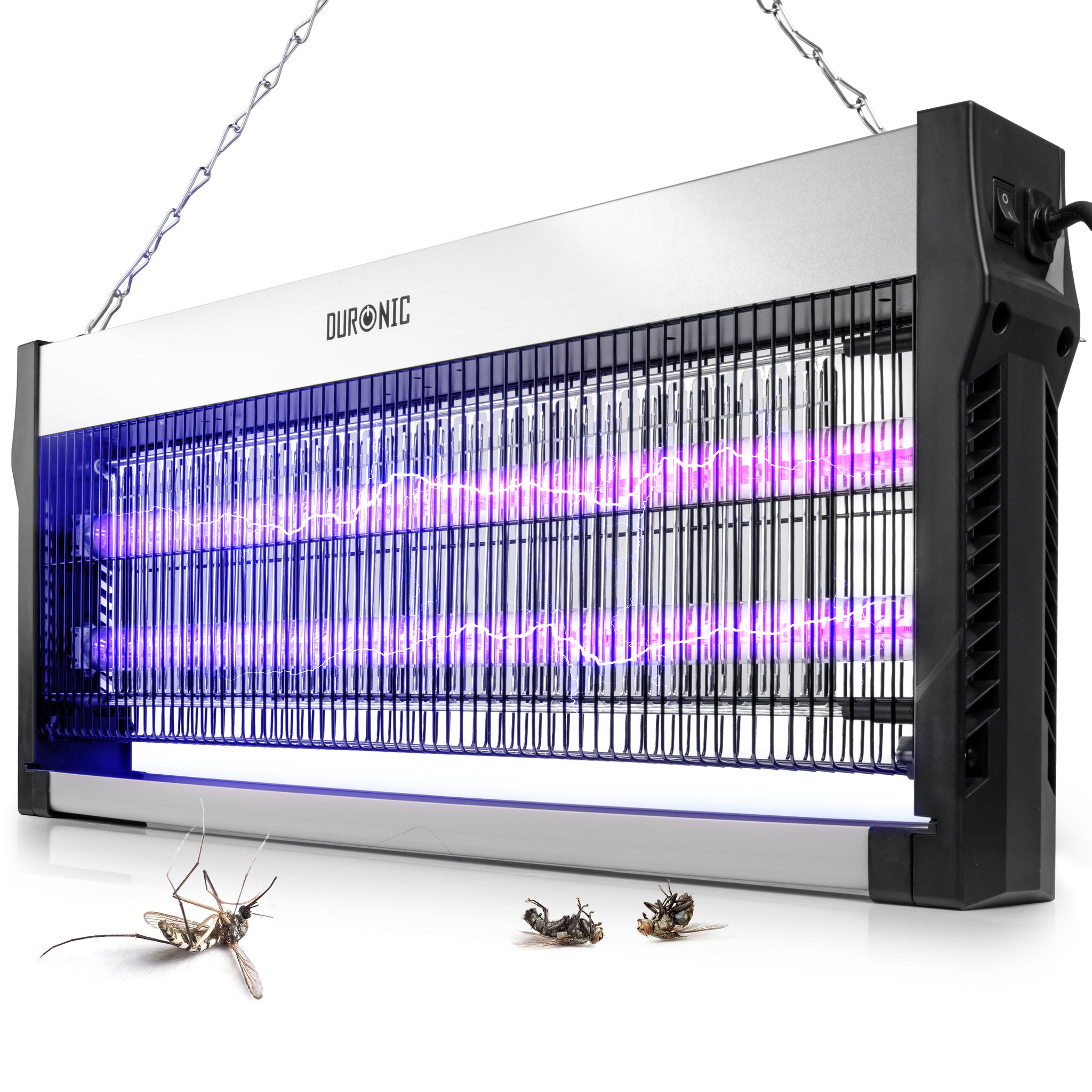 Duronic Electric Fly Killer with glowing UV light tubes hanging above dead mosquitoes and flies.