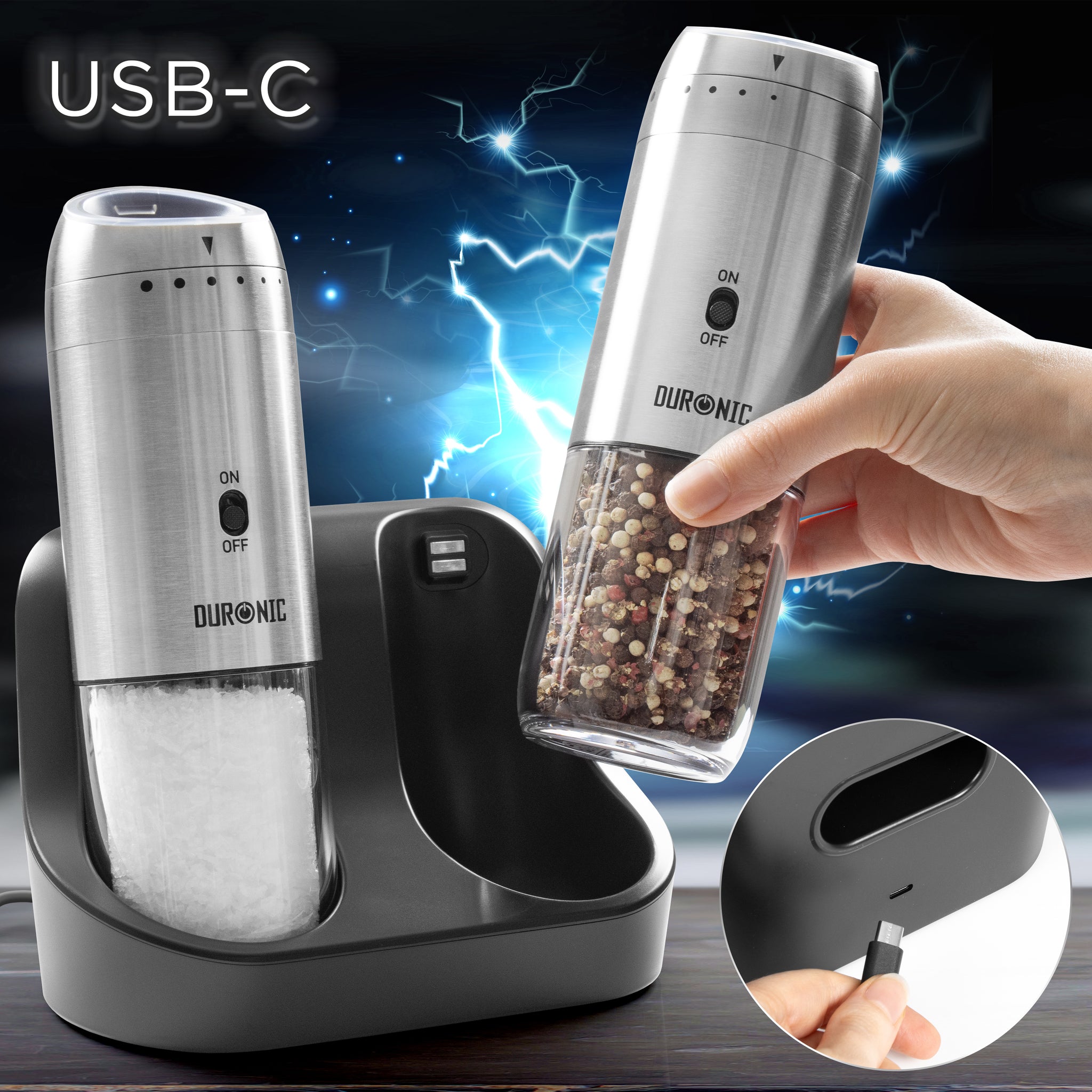 Duronic Electric Salt and Pepper Grinder Set on a USB-C rechargeable charging dock.
