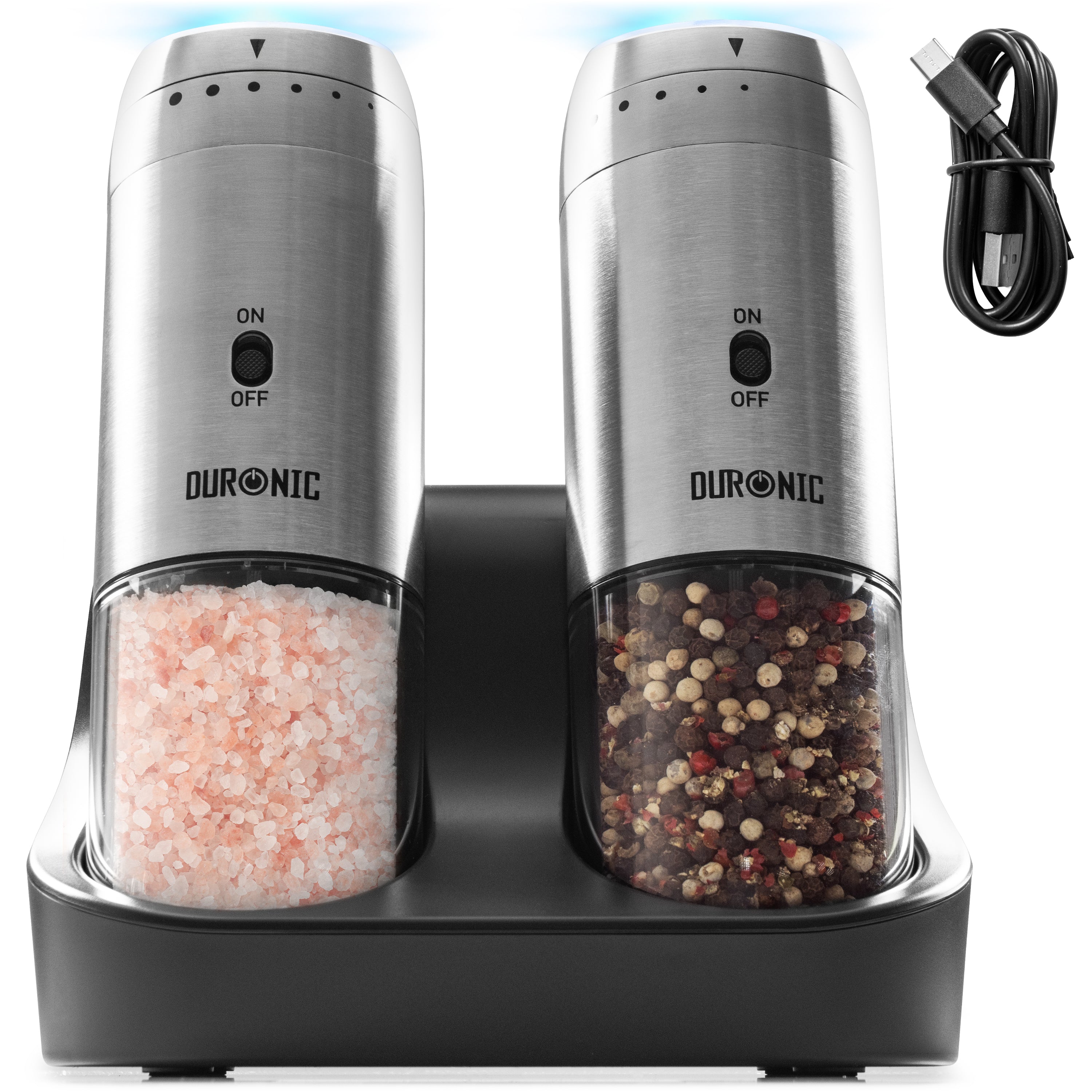 Duronic Electric Salt and Pepper Grinder Set on charging base with cable.