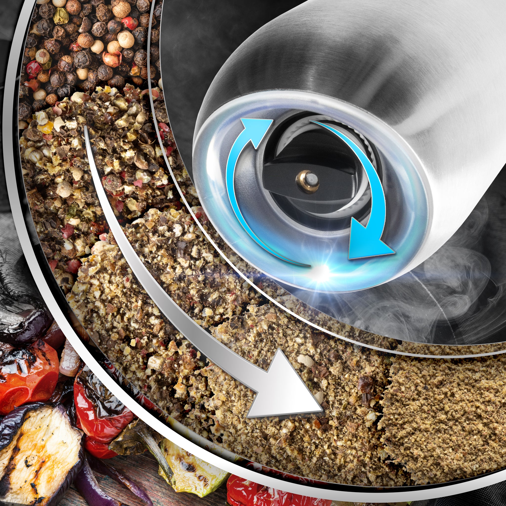 Duronic Electric Salt and Pepper Grinder Set showing adjustable coarseness settings from whole peppercorns to fine ground spices.