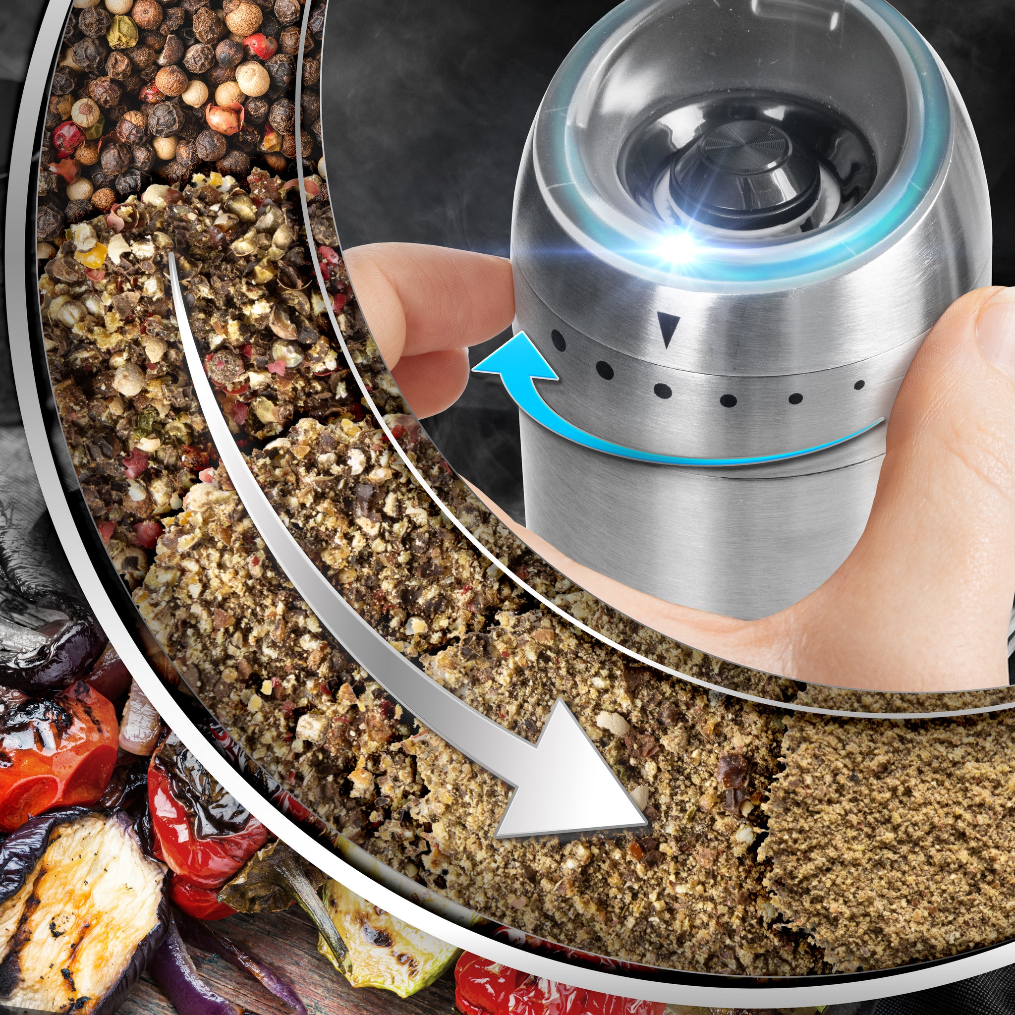 Duronic Electric Salt and Pepper Grinder Set showing coarse to fine grind levels for fresh seasoning.