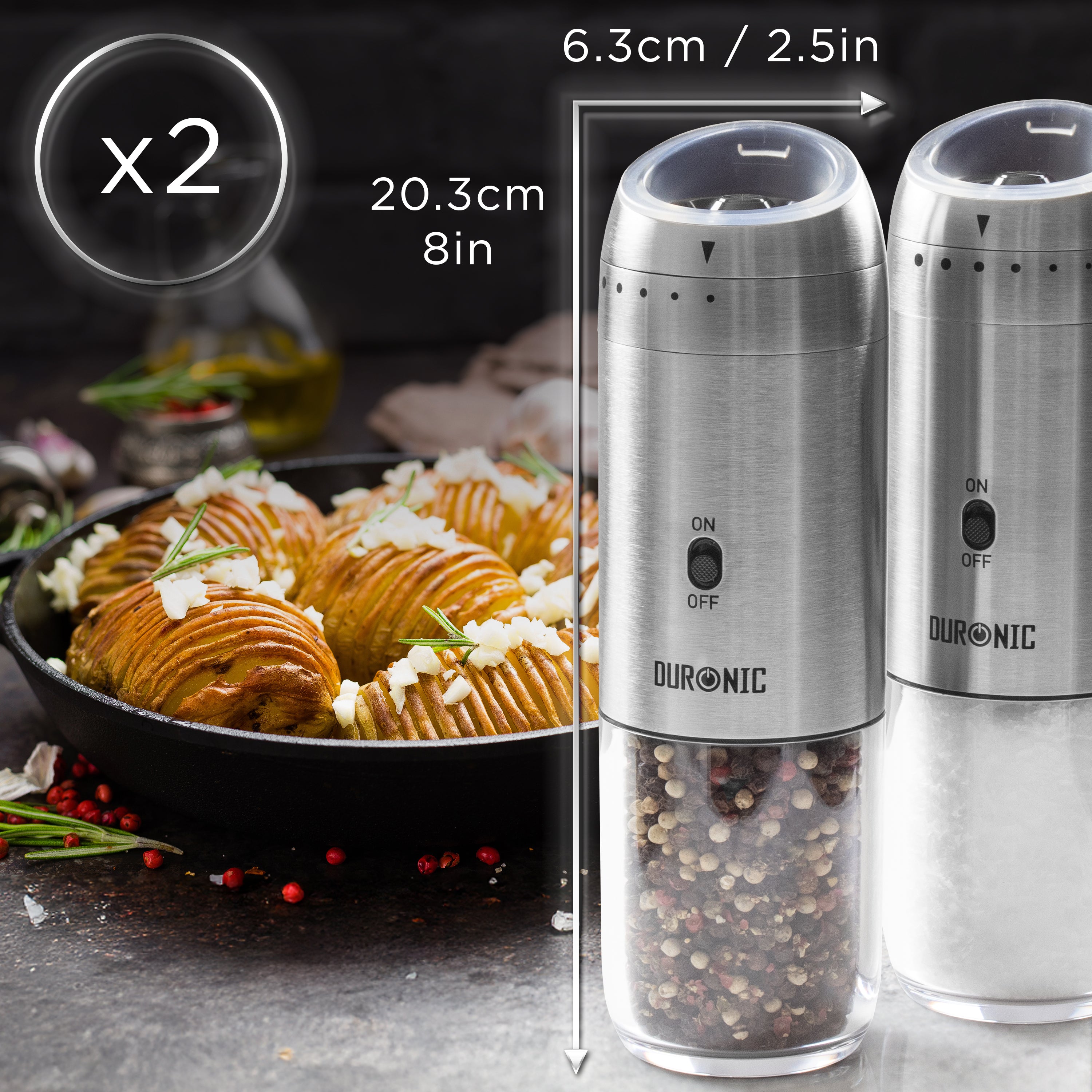Duronic Electric Salt and Pepper Grinder Set showing dimensions next to food.