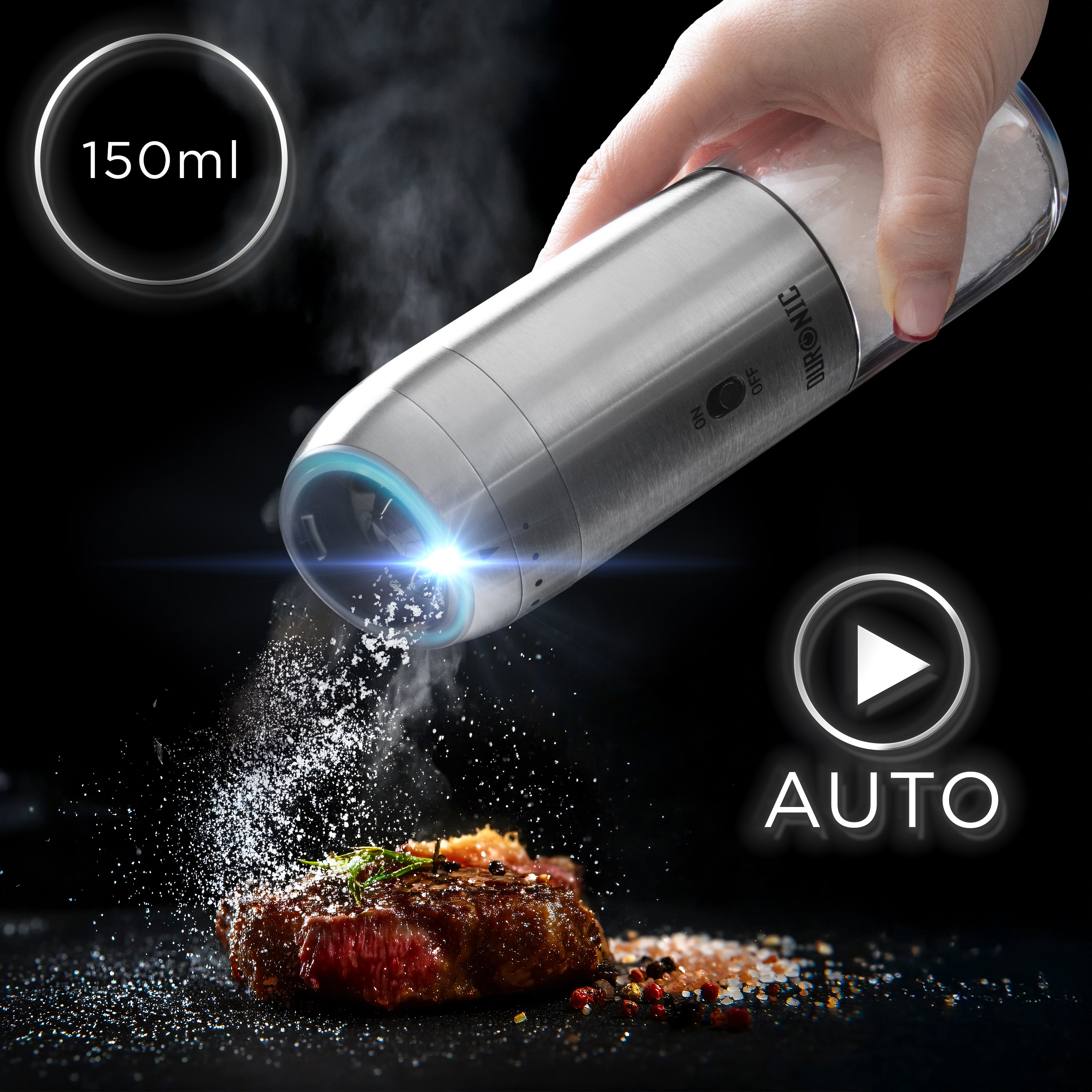 Duronic Electric Salt and Pepper Grinder Set with LED light over cooked steak.