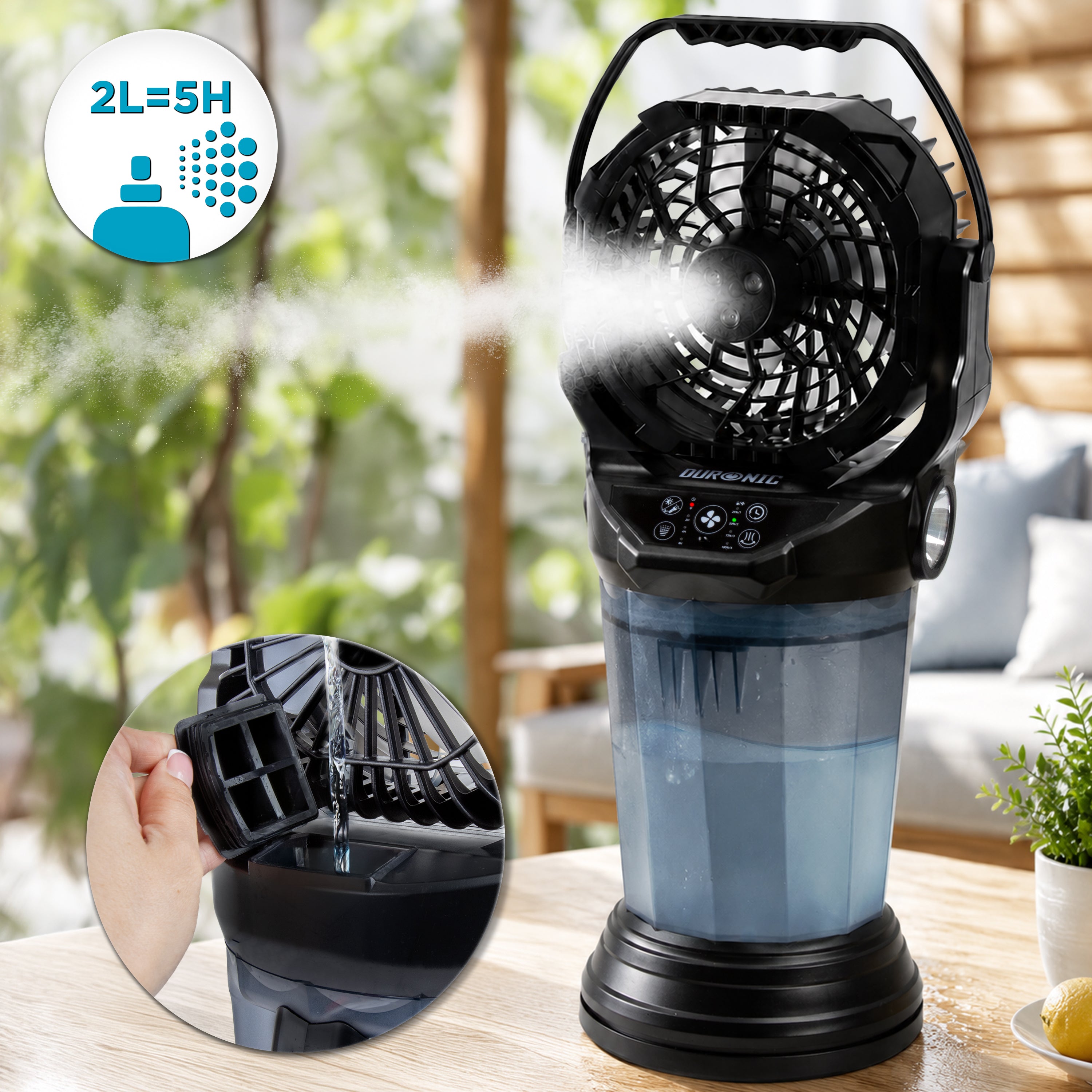 Duronic Handheld Misting Fan with two liter tank spraying cool mist on outdoor table.