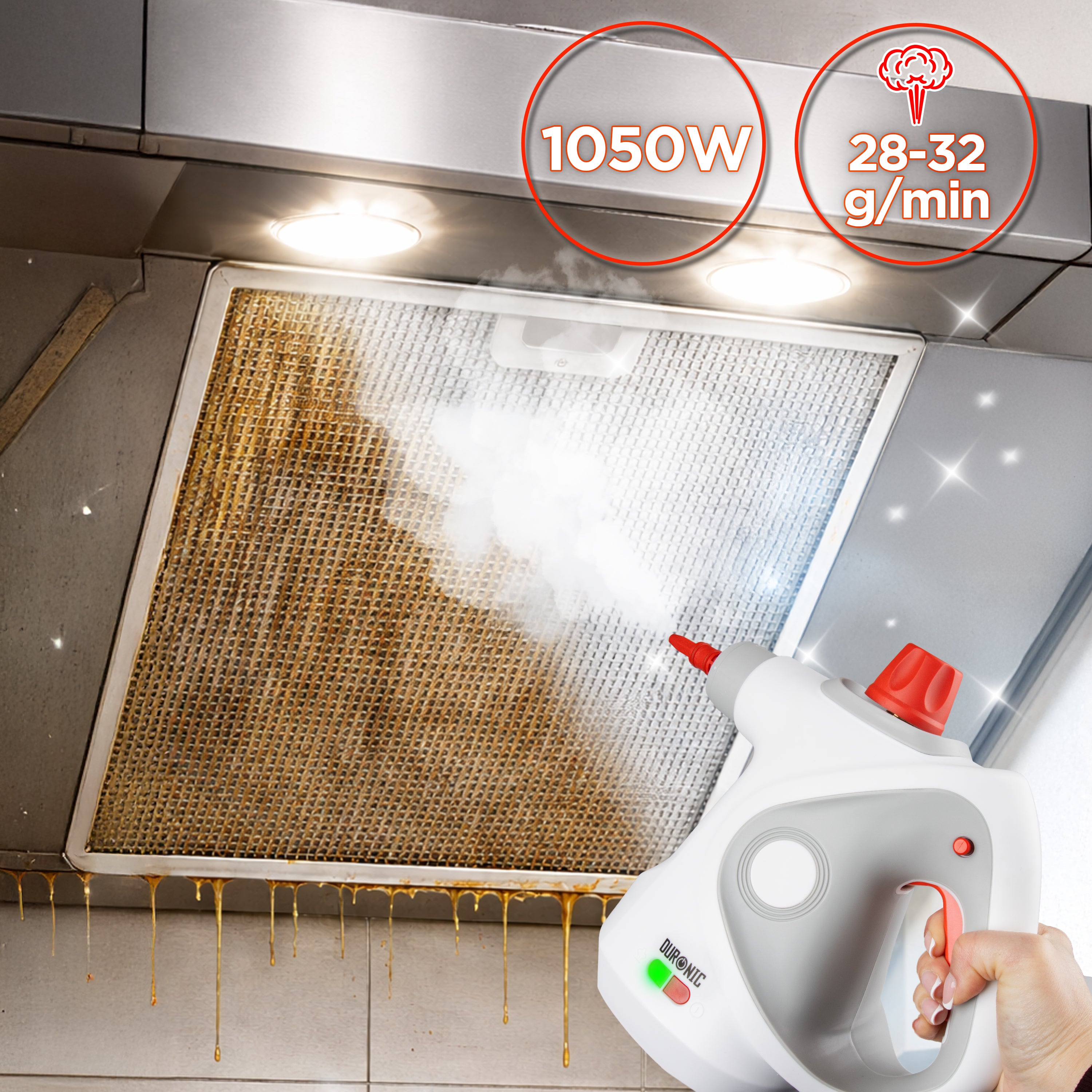 Duronic Handheld Steam Cleaner removing heavy grease from a kitchen range hood filter screen.