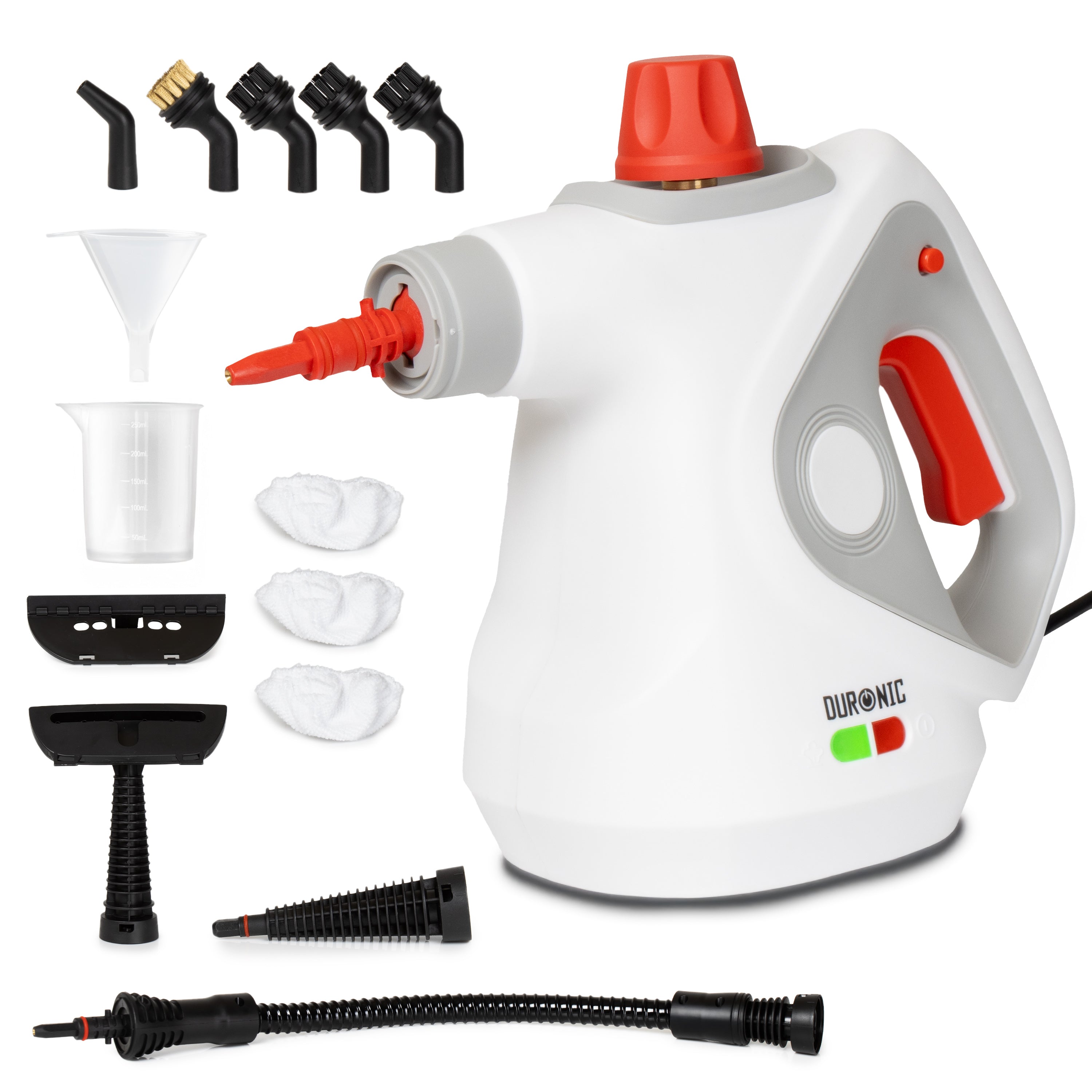 Duronic Handheld Steam Cleaner surrounded by various nozzles, brushes, measuring cup, and hose attachments.