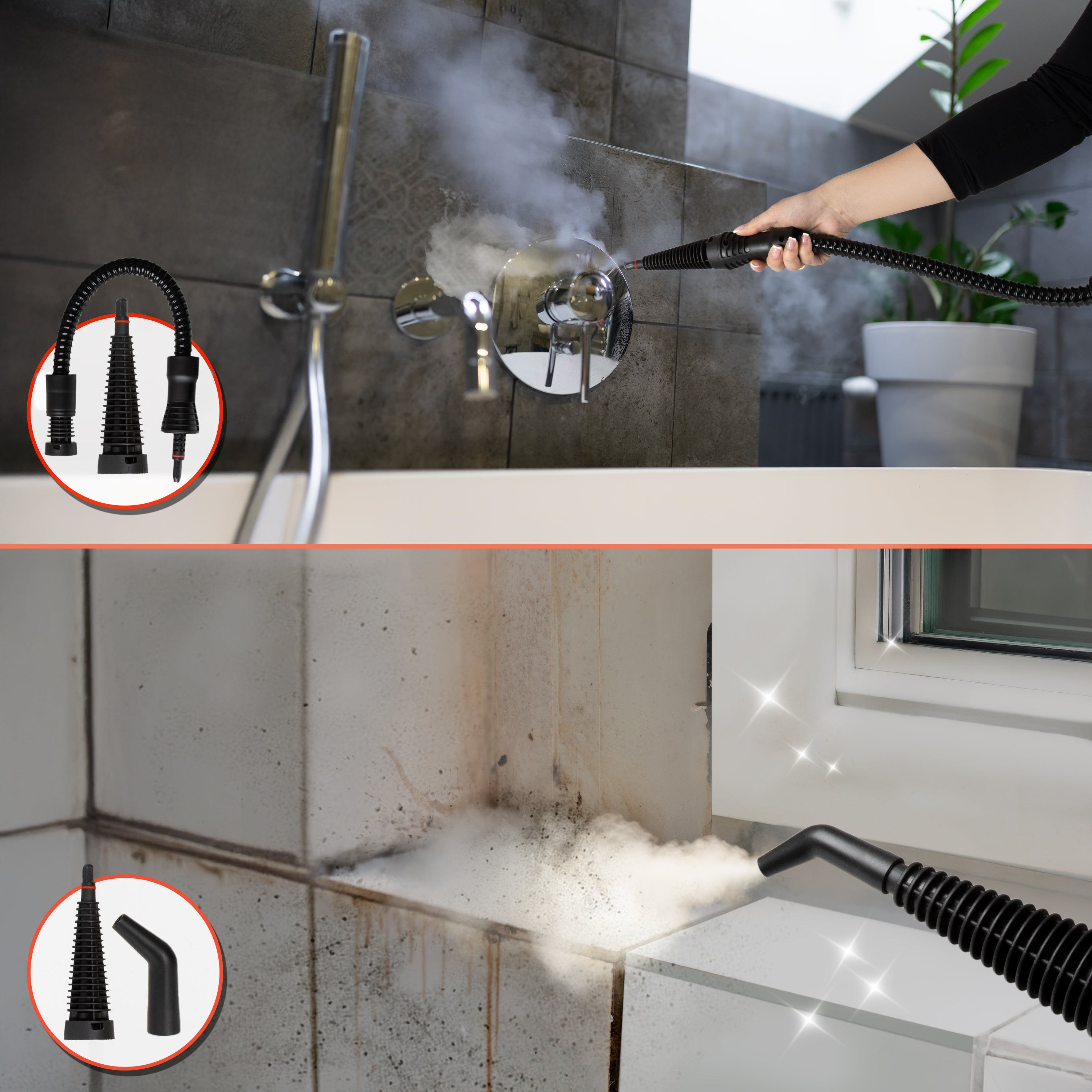 Duronic Handheld Steam Cleaner to deep clean bathroom chrome fixtures and tile grout.