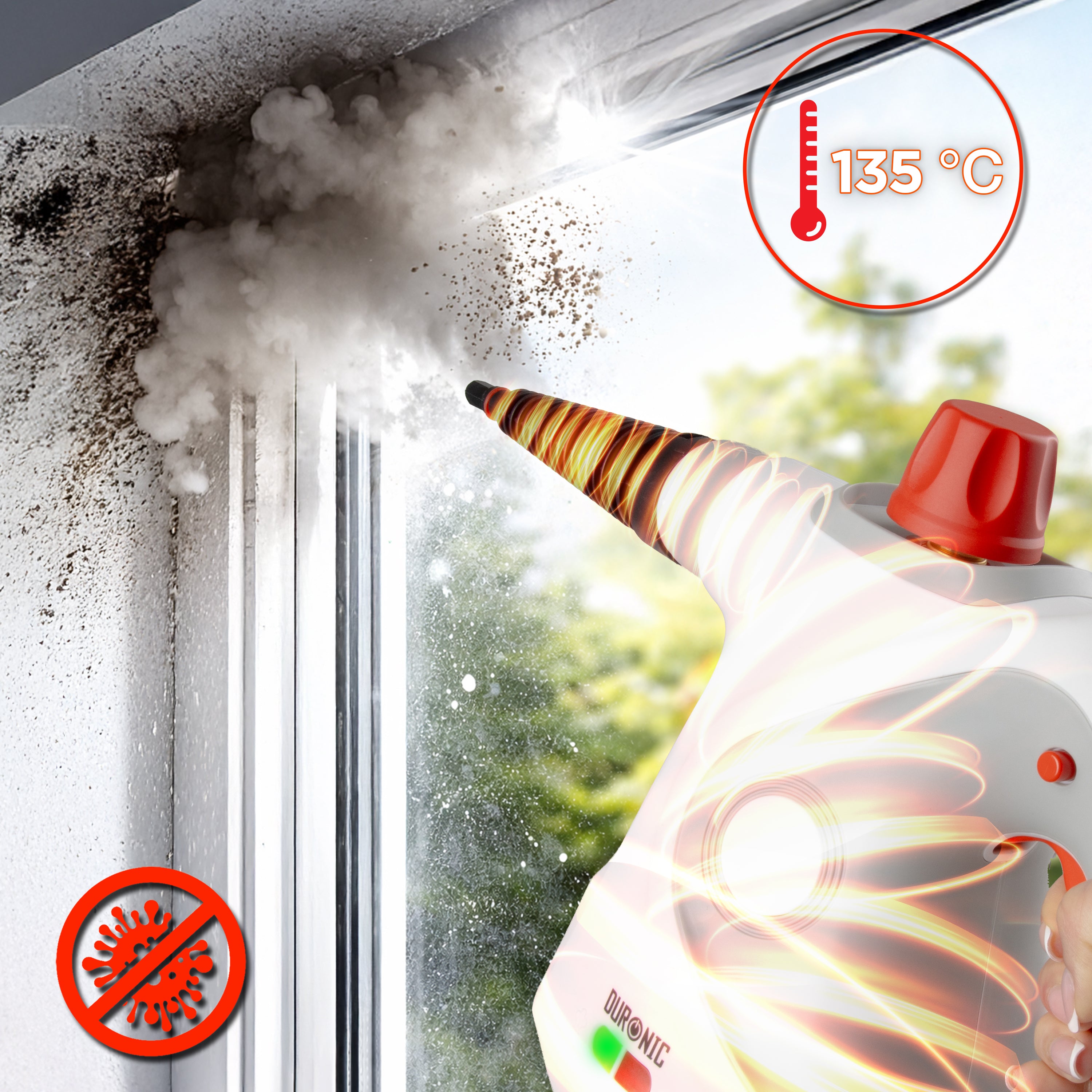 Duronic Handheld Steam Cleaner to remove mold and sanitize dirty window frames.