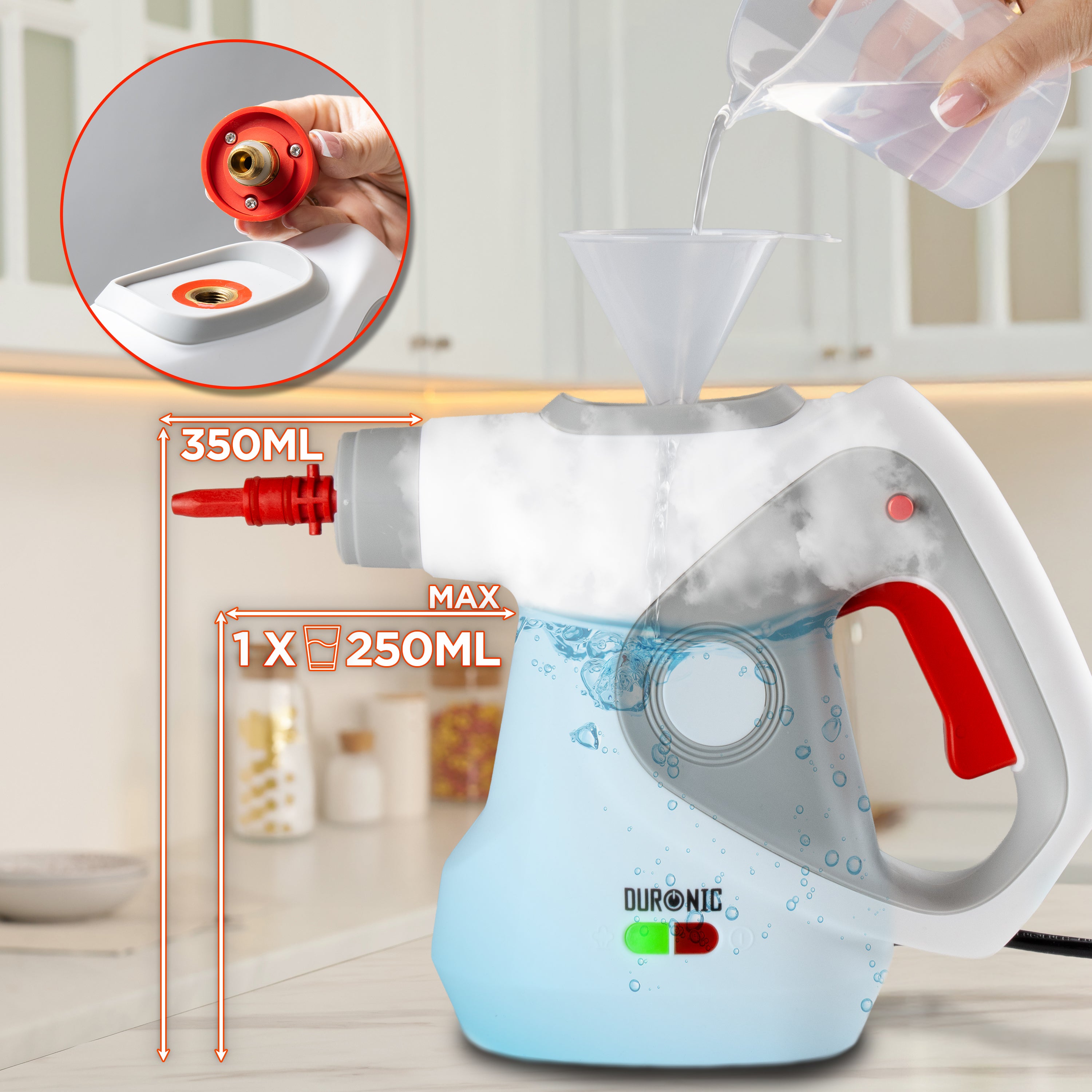 Duronic Handheld Steam Cleaner with 350ml tank being filled using a funnel and measuring cup.