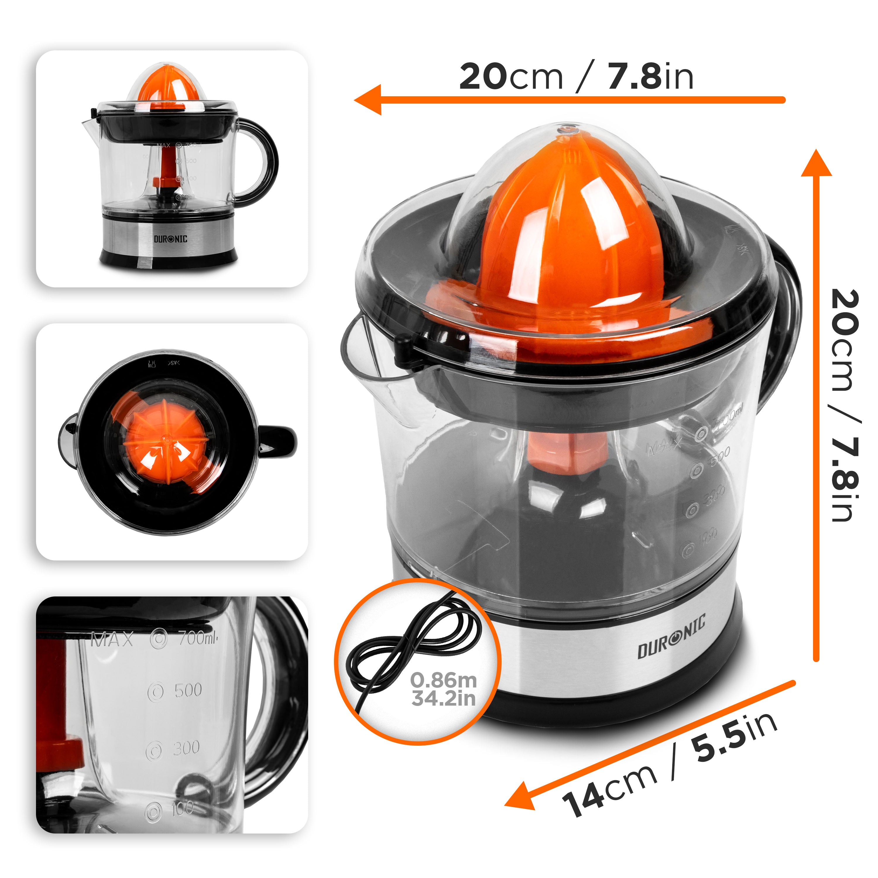 Duronic JE407 electric citrus juicer dimensions with different angles and cable length