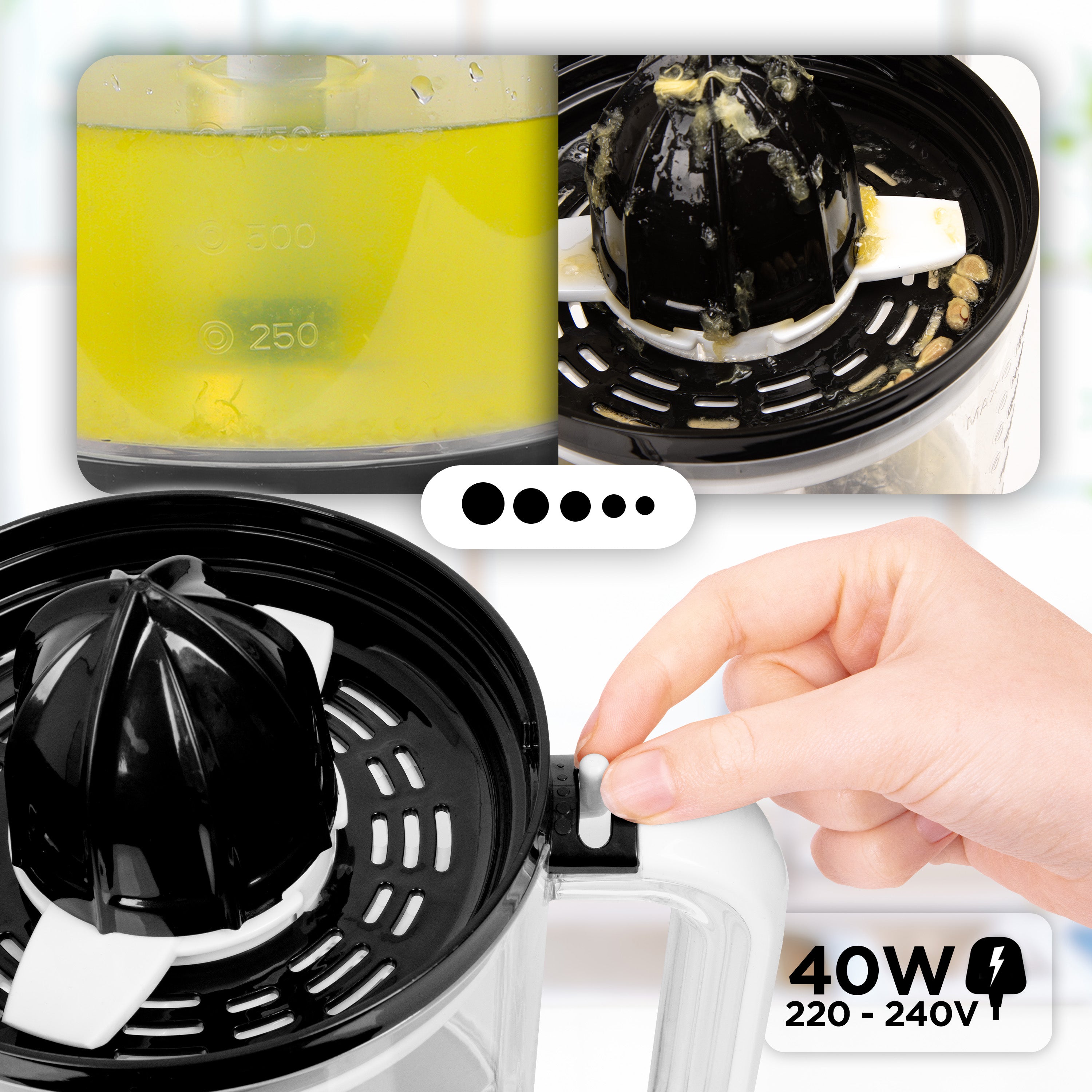 Duronic JE416 electric citrus juicer with pulp filter system to separate seeds and for personal juice preference