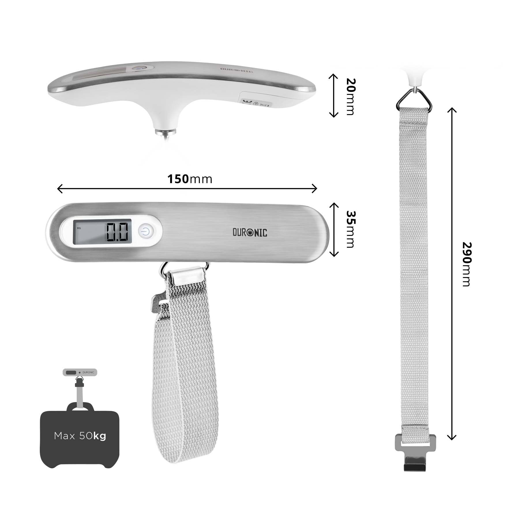 Duronic Luggage Scale Travel Bag Weigh showing 150mm length, 290mm strap, and 50kg capacity.