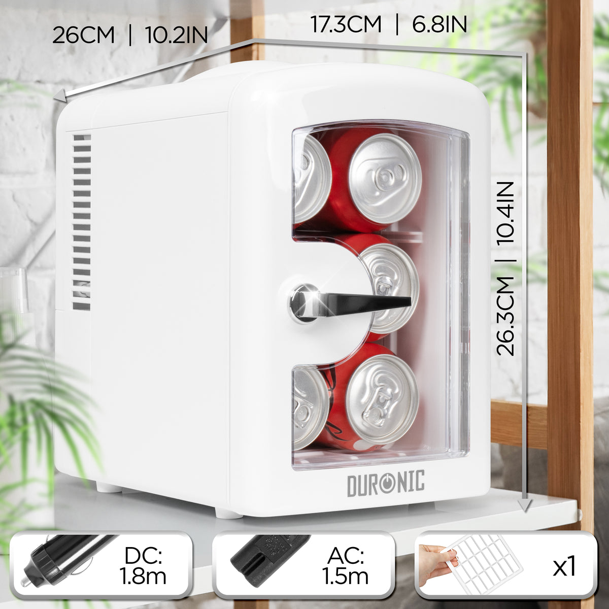 Duronic Mini Fridge Warmer with clear door showing product dimensions and power cable options