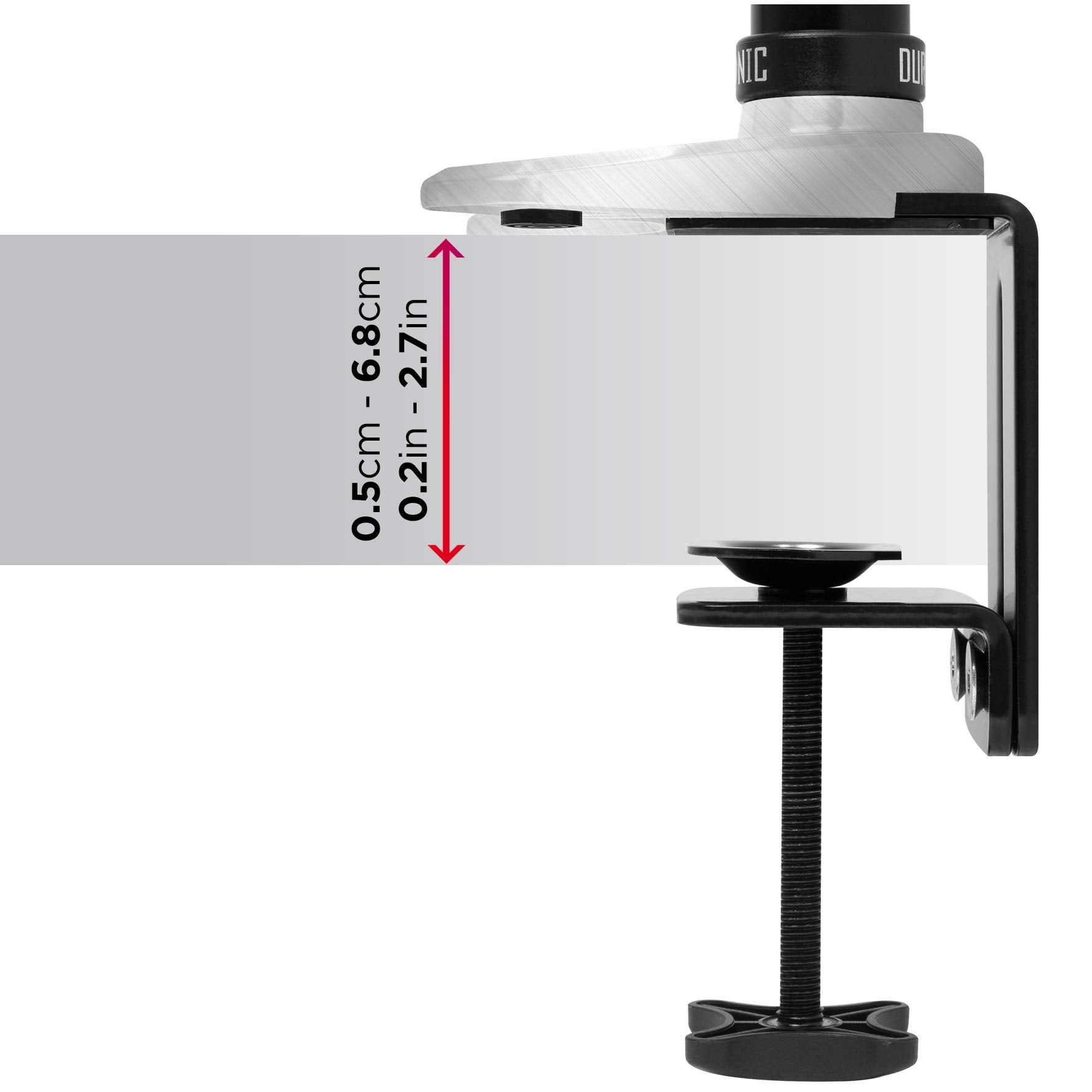Duronic Monitor Arm Stand showing a supported desk thickness range of 0.5cm to 6.8cm.