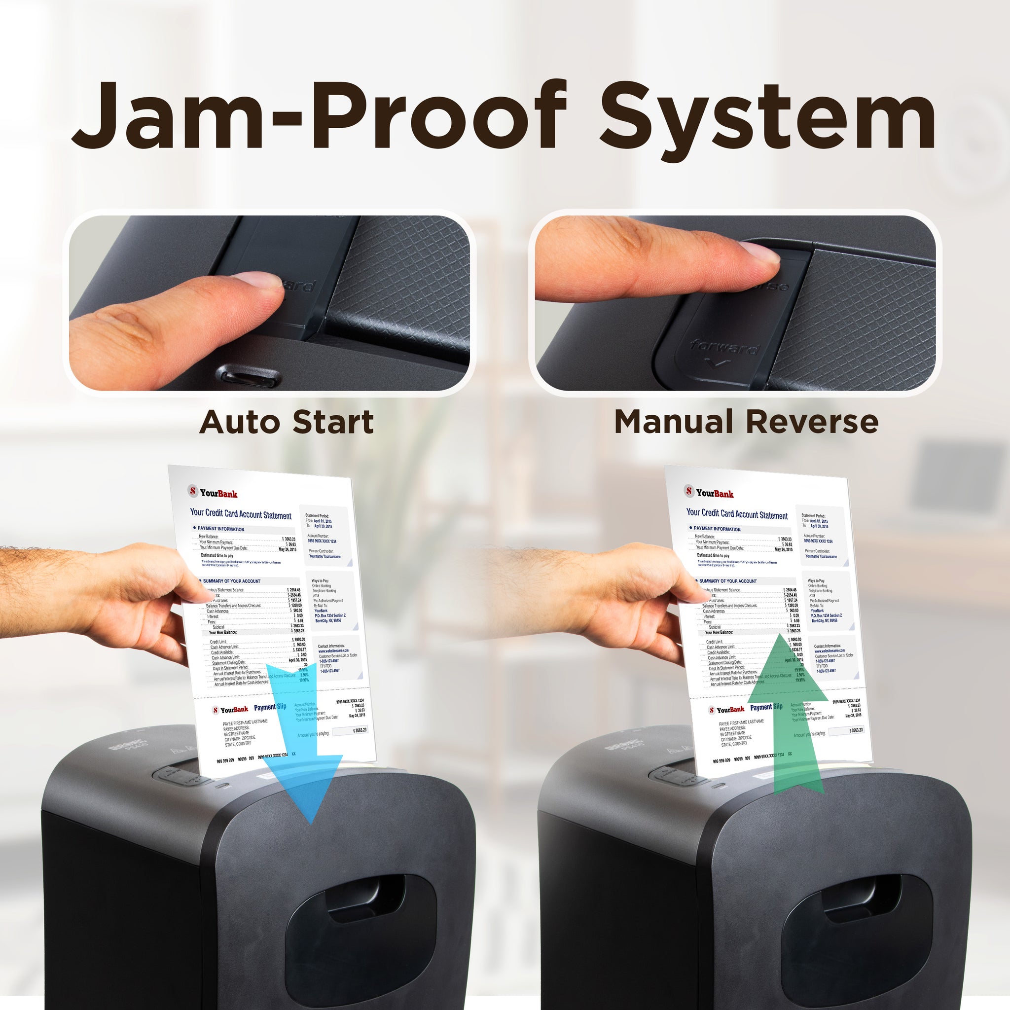 Duronic PS410 automatic paper shredding machine with jam-proof system by using auto start and manual reverse