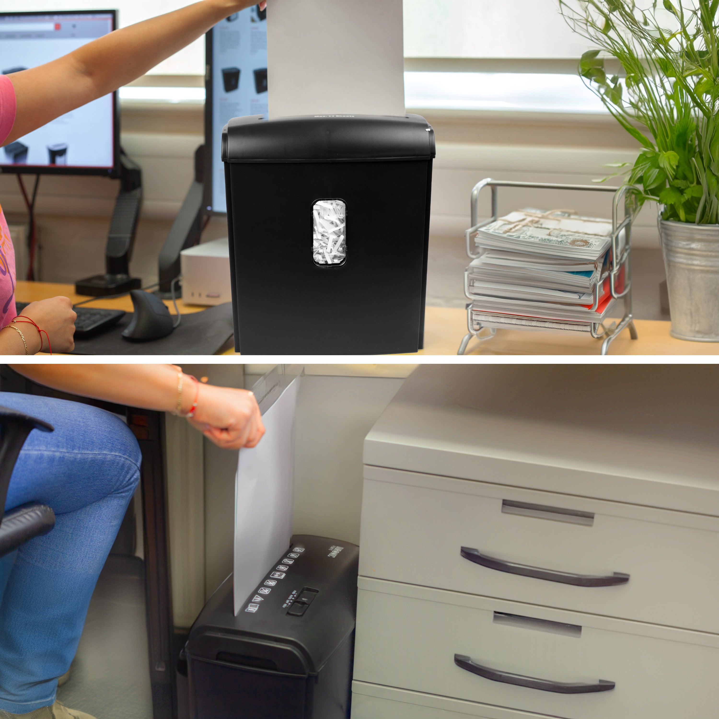 Duronic PS815 cross cut electric paper shredder used in an office meeting to shred personal important documents