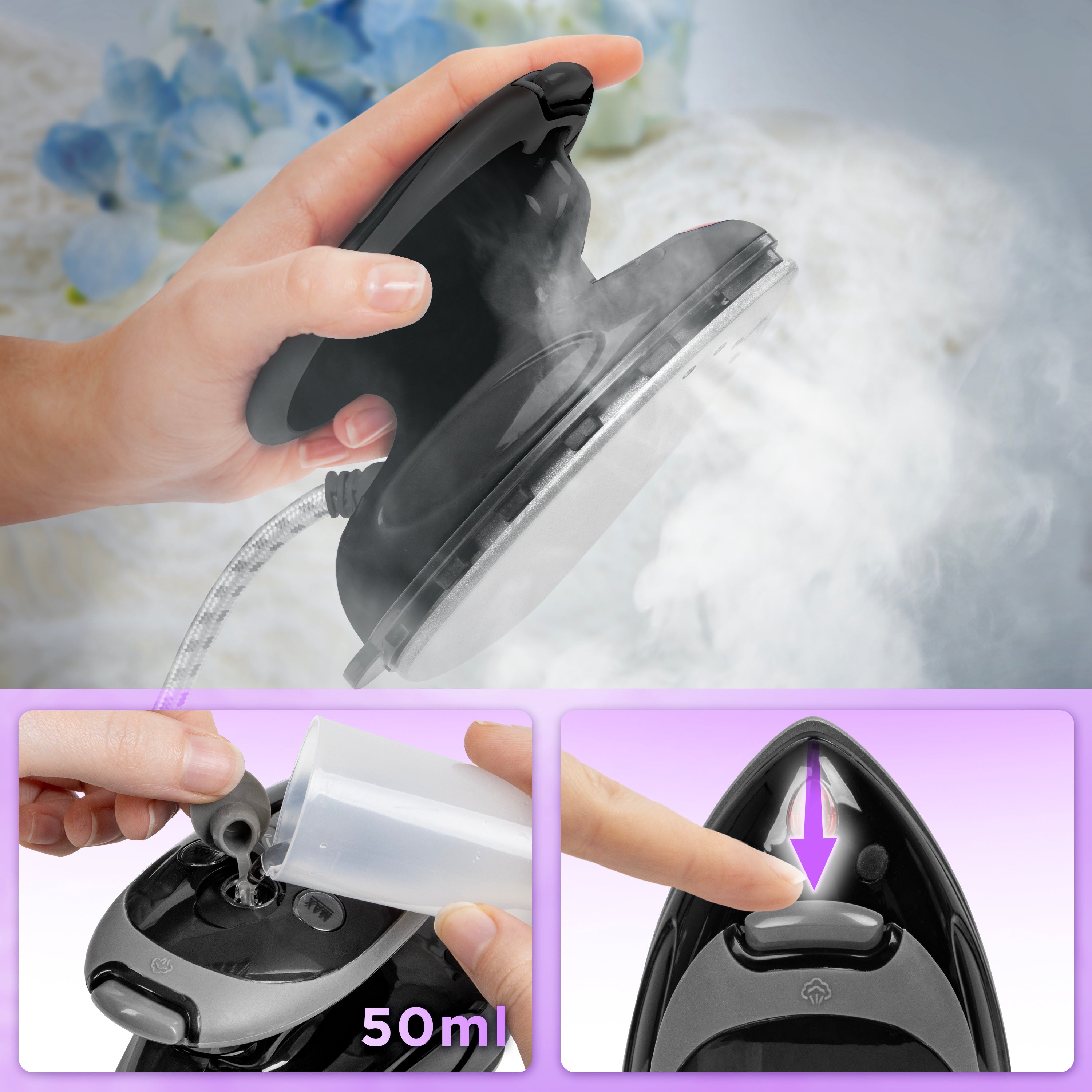 Duronic SI2 BK black travel steamer with 50ml water tank capacity steam function