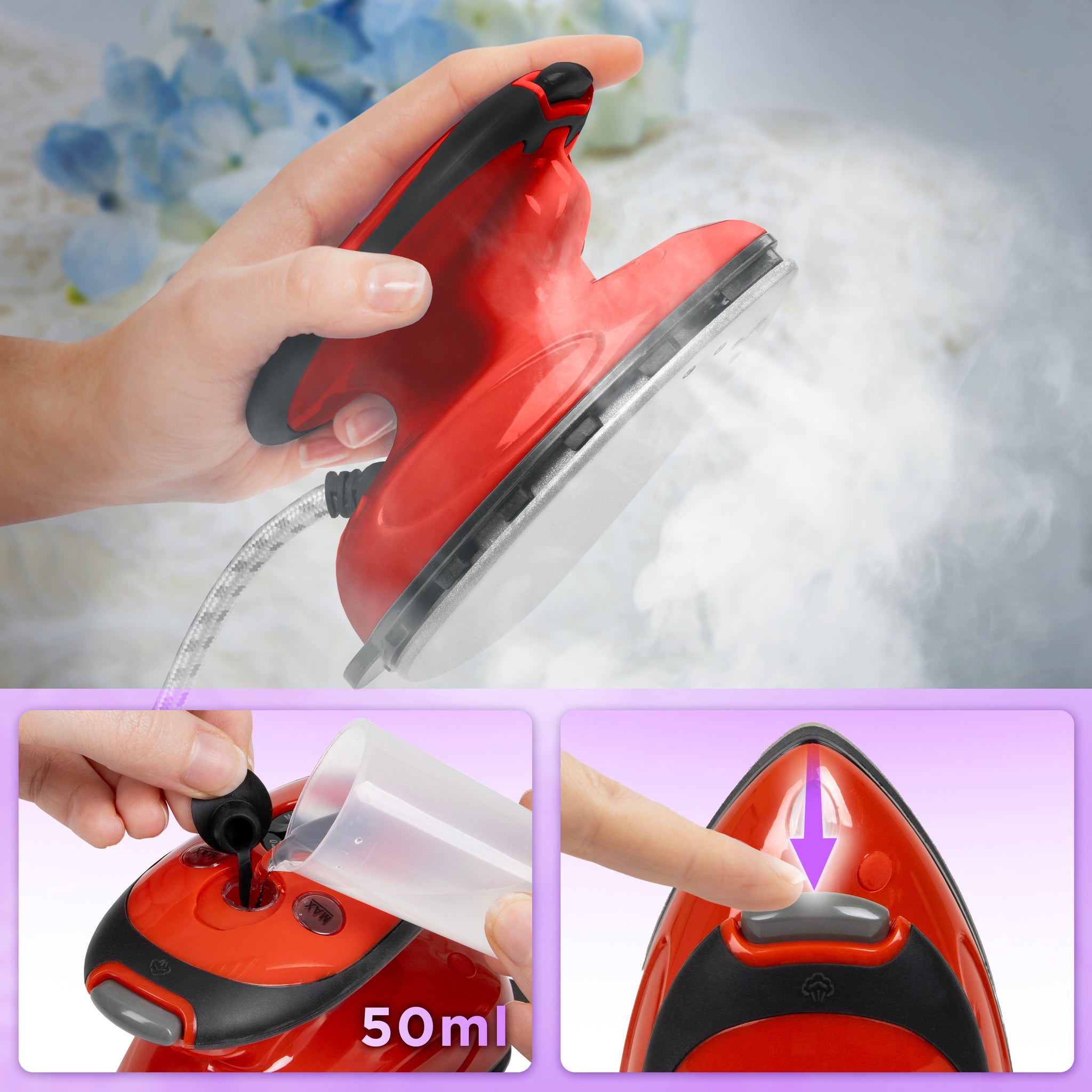 Duronic SI2 RD red travel steamer 50ml water tank capacity steam function