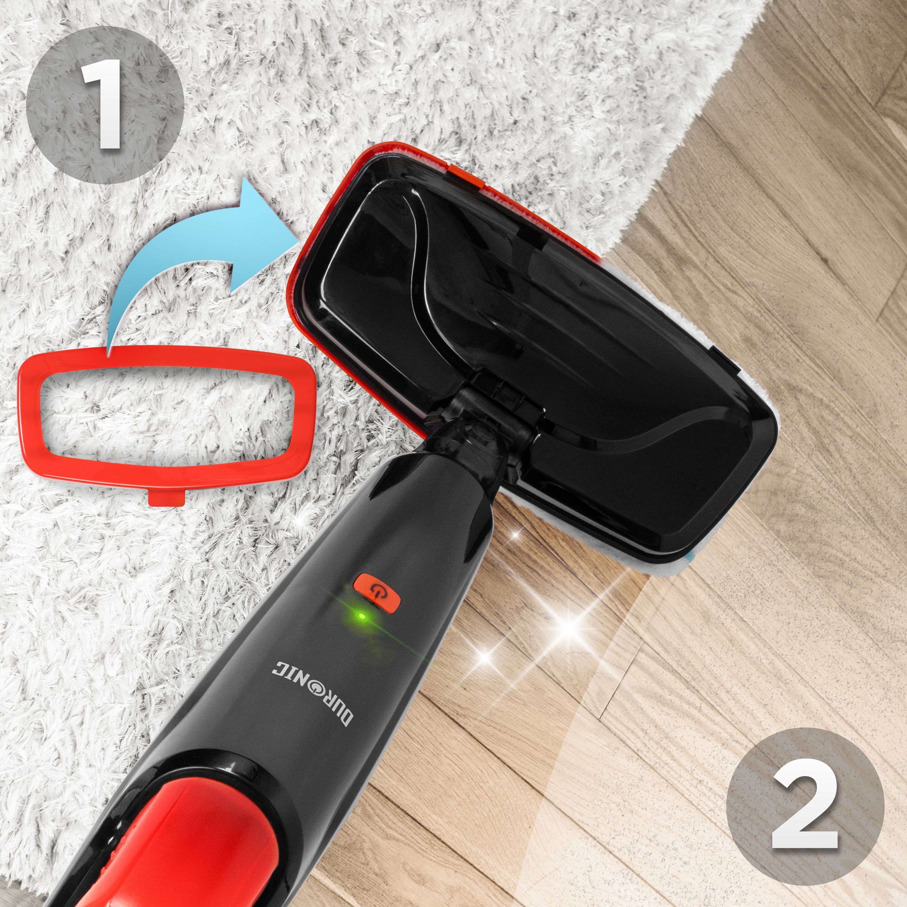 Duronic STM15 BK Steam Mops cleaner shown transitioning between cleaning a white shag carpet with a carpet glider attachment and polishing a light wood floor.