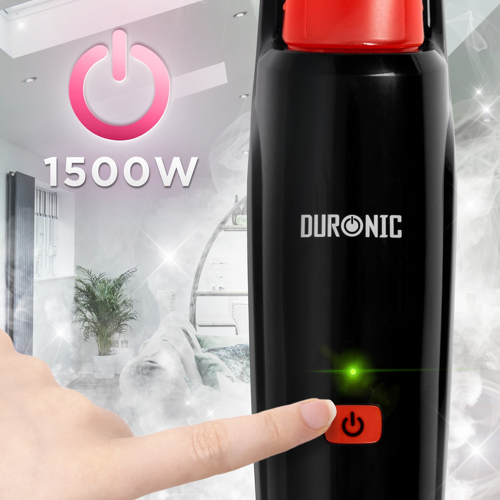 Duronic STM15 BK Steam Mops power button on a white 1500W Duronic steam cleaner featuring a green indicator light