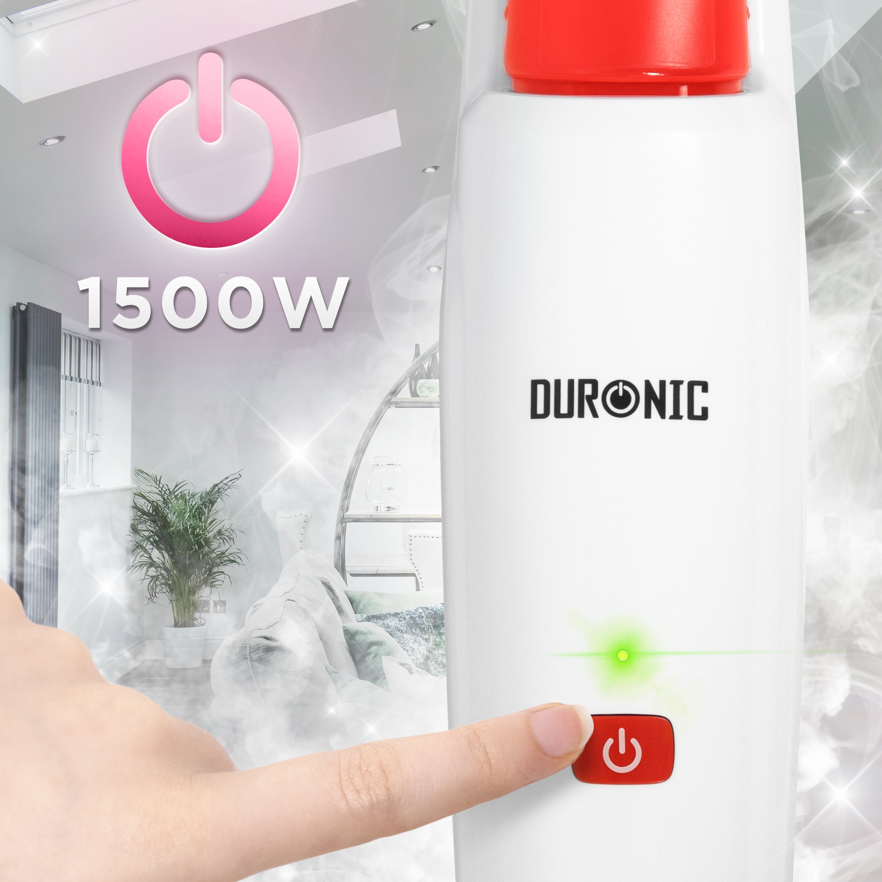 Duronic STM15 WE Steam Mops power button on a white 1500W Duronic steam cleaner featuring a green indicator light