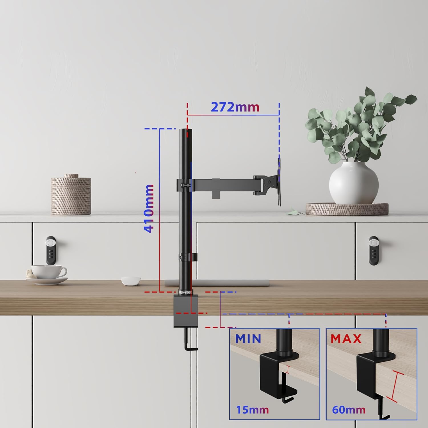 Duronic Single Monitor Arm Stand with dimensions showing height, arm extension, and clamp range.