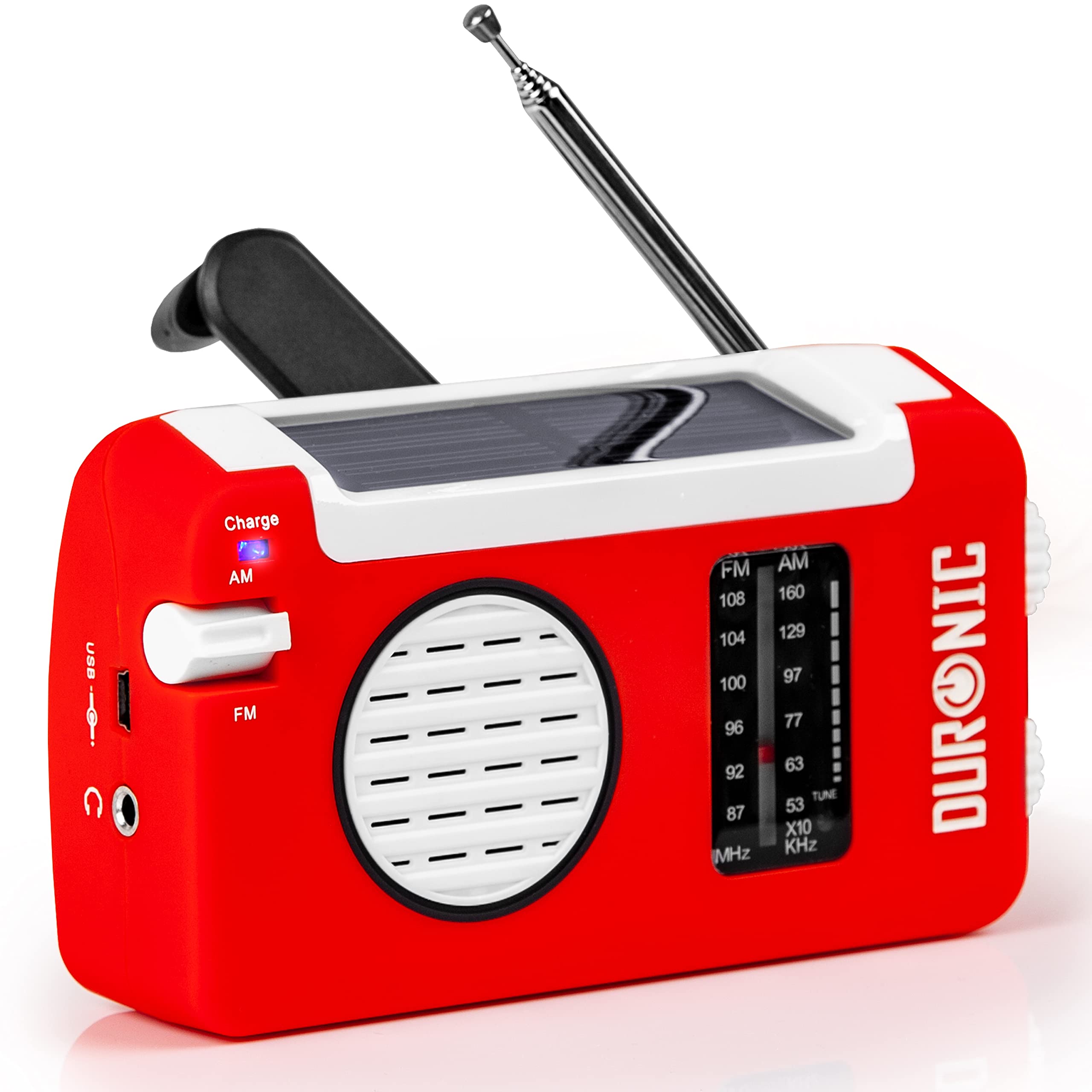 Duronic Solar Radio, HYBRID featuring hand crank, solar panel, antenna, and AM FM tuner.
