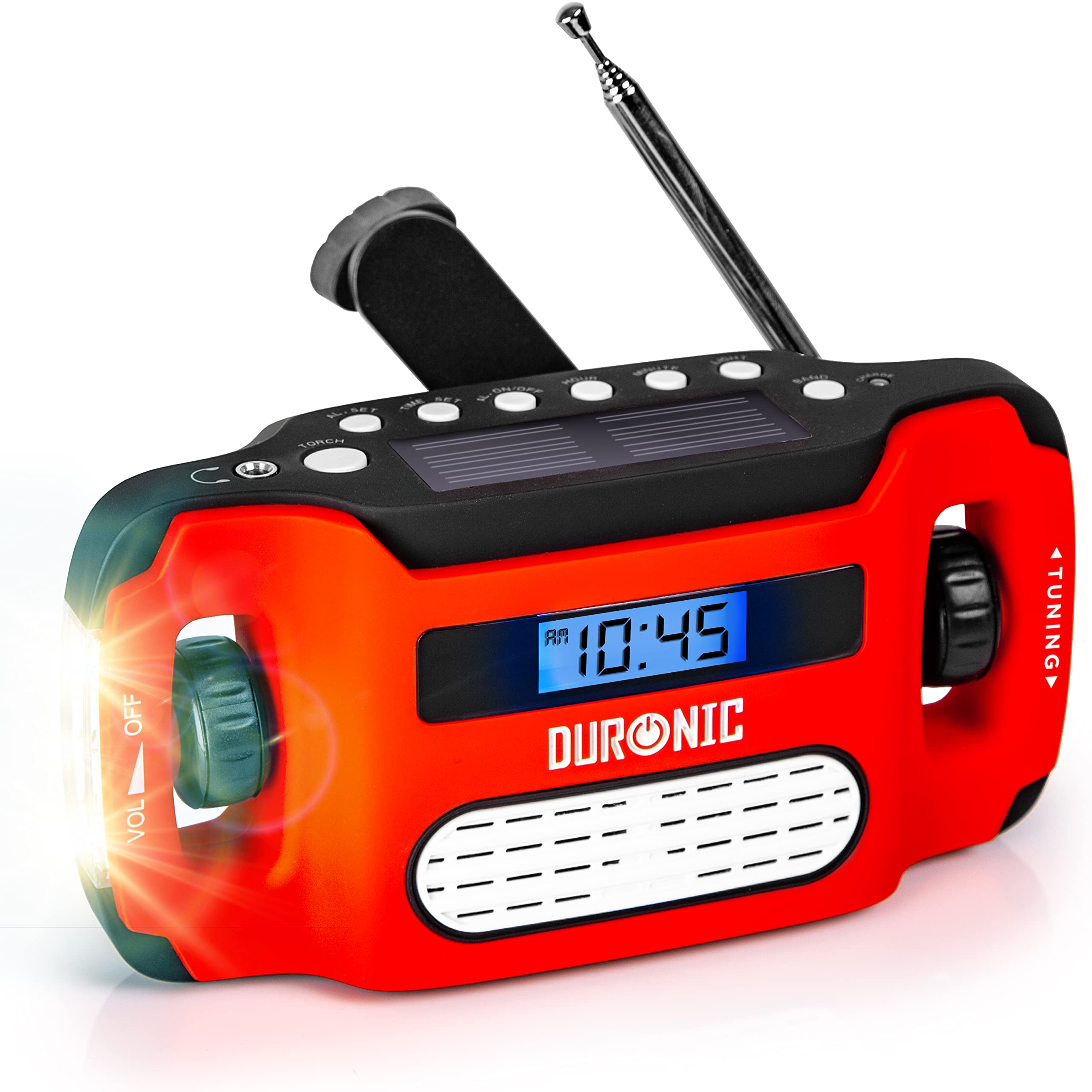 Duronic Wind Up Solar Powered Flashlight Radio Apex featuring a digital clock, bright flashlight, antenna, and hand crank.