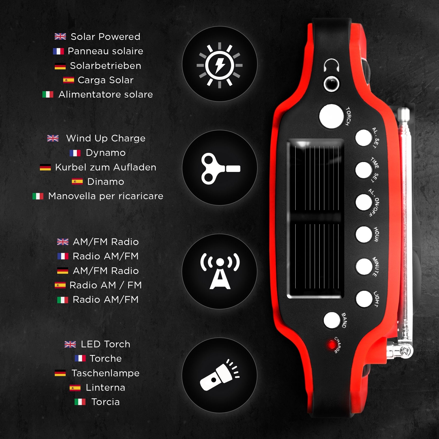 Duronic Wind Up Solar Powered Flashlight Radio Apex showing solar power, wind up charging, radio, and LED flashlight functions.