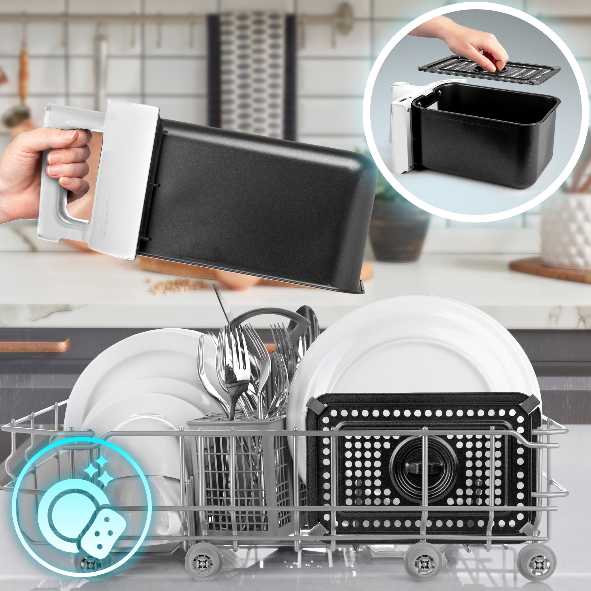 Duronic XXL Digital Air Fryer basket and tray in adishwasher