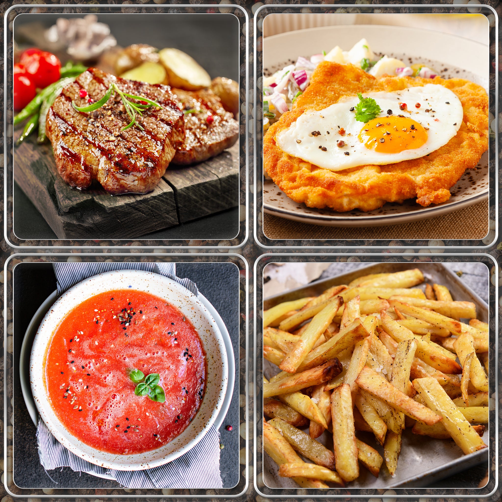 Four-panel collage featuring grilled steak, schnitzel with fried egg, tomato soup, and crispy french fries.