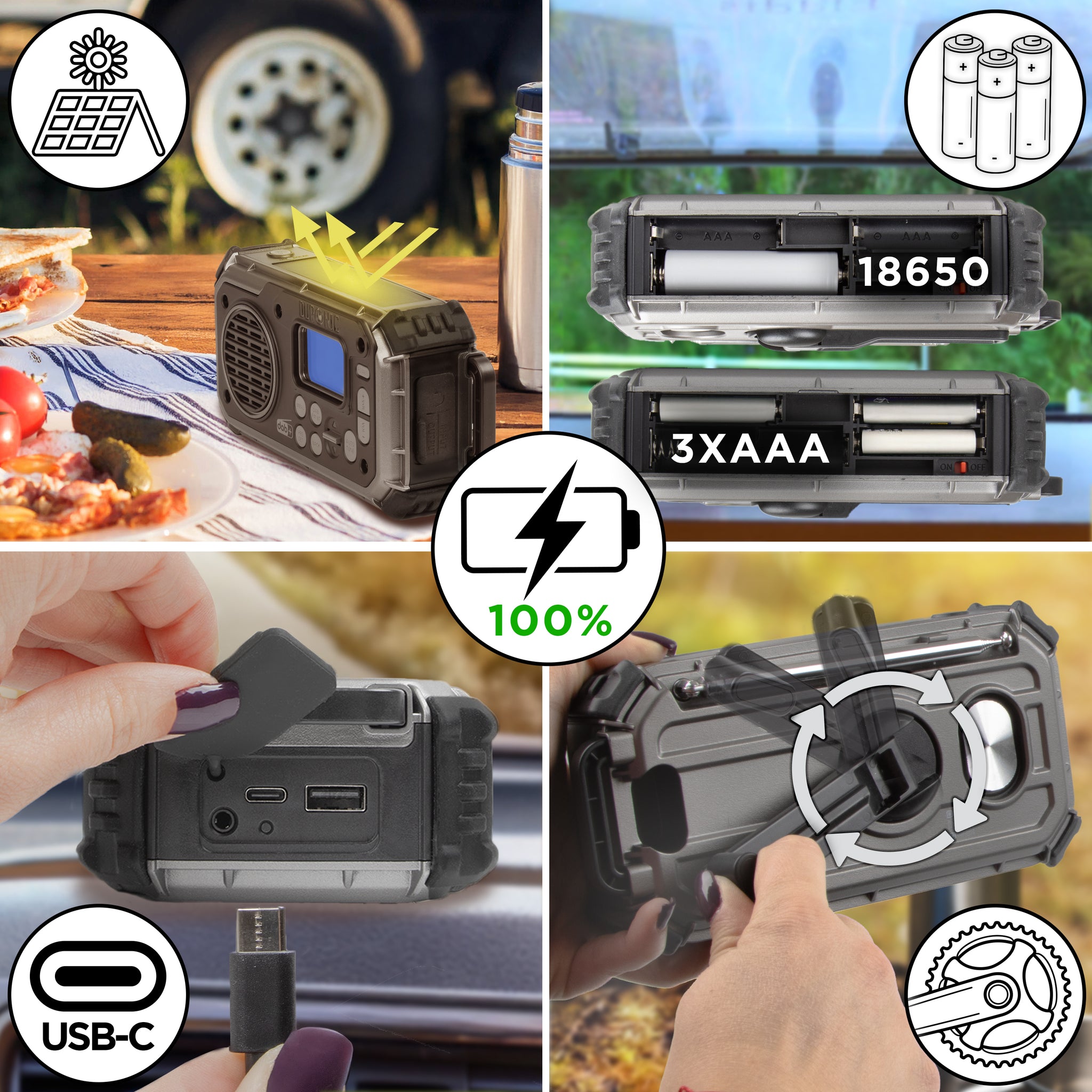Duronic Portable DAB Radio SDAB1 Bluetooth DAB+ Radios Hand Crank Battery Radio Solar Radio 4-Way Rechargeable Emergency Flashlight Digital FM Radios with SOS Alarm for Camping Hiking Outdoor
