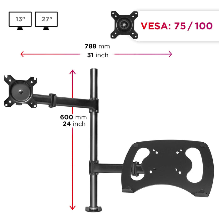 Duronic Desk Mount DM25L1X1 | Single Monitor Stand for 13”-27” LCD/LED PC/TV Screen and Laptop | Dual Arms | Adjustable Support | VESA 75/100 Bracket (Tilt: -90°/+35° | Swivel: 180° | Rotate: 360°)