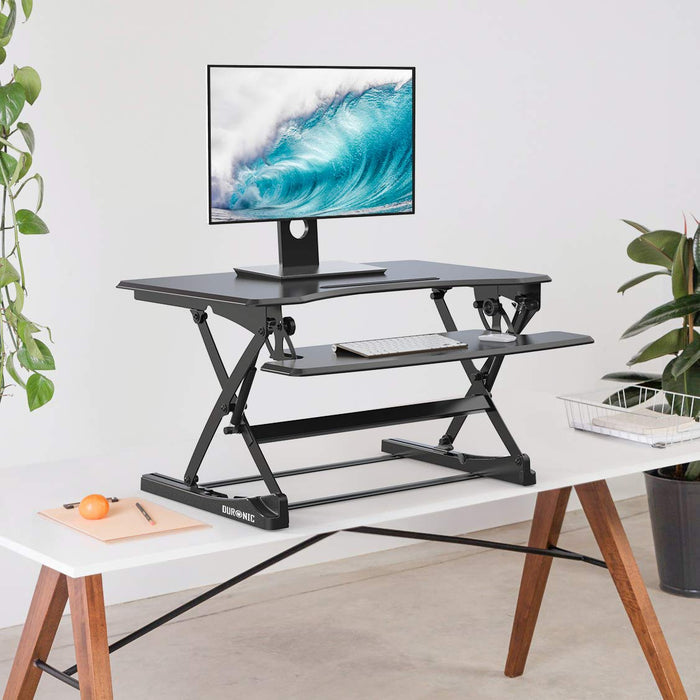 Duronic Sit-Stand Desk DM05D23 | Height Adjustable Office Workstation | 90x57cm Platform | Raises from 15-49cm | Riser for PC Computer Screen, Keyboard, Laptop | Ergonomic Desktop Table Converter