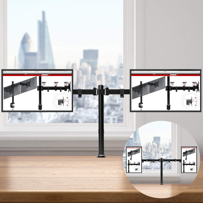 Duronic Dual Monitor Arm Stand DM152 | Twin PC Desk Mount | BLACK | Steel | Height Adjustable | For Two 13-32 LED LCD Screens | VESA 75/100 | 8kg Capacity | Tilt -90°/+35°,Swivel 180°,Rotate 360°