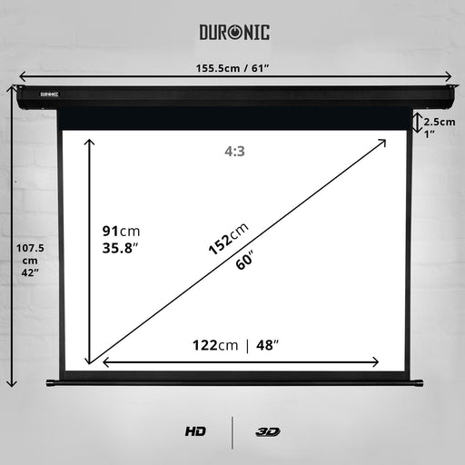 Duronic Electric 60” Projector Screen EPS60 /43 | Screen Size: 122x91cm / 91x48” | 4:3 Ratio | Matt White +1 Gain | HD High Definition | Motorised Switch Control | Home Cinema, School, Office