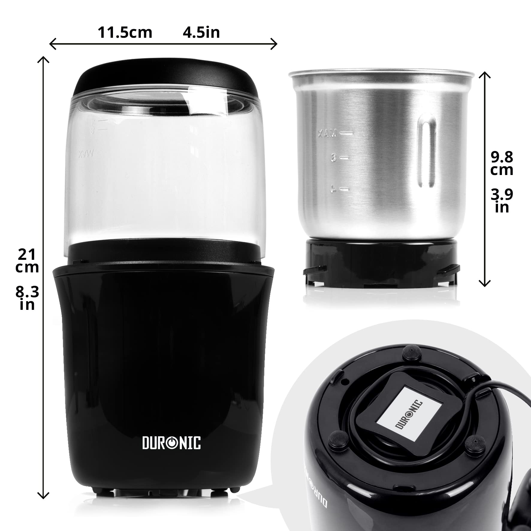 Duronic Electric Coffee Grinder CG250, Spice Grinder Machine, Stainless Steel Blades Grinders, Fast Dry Mini Removable Grinding Mill Pot for Coffee Beans, Nuts, Seeds, Spices, Flax, Black