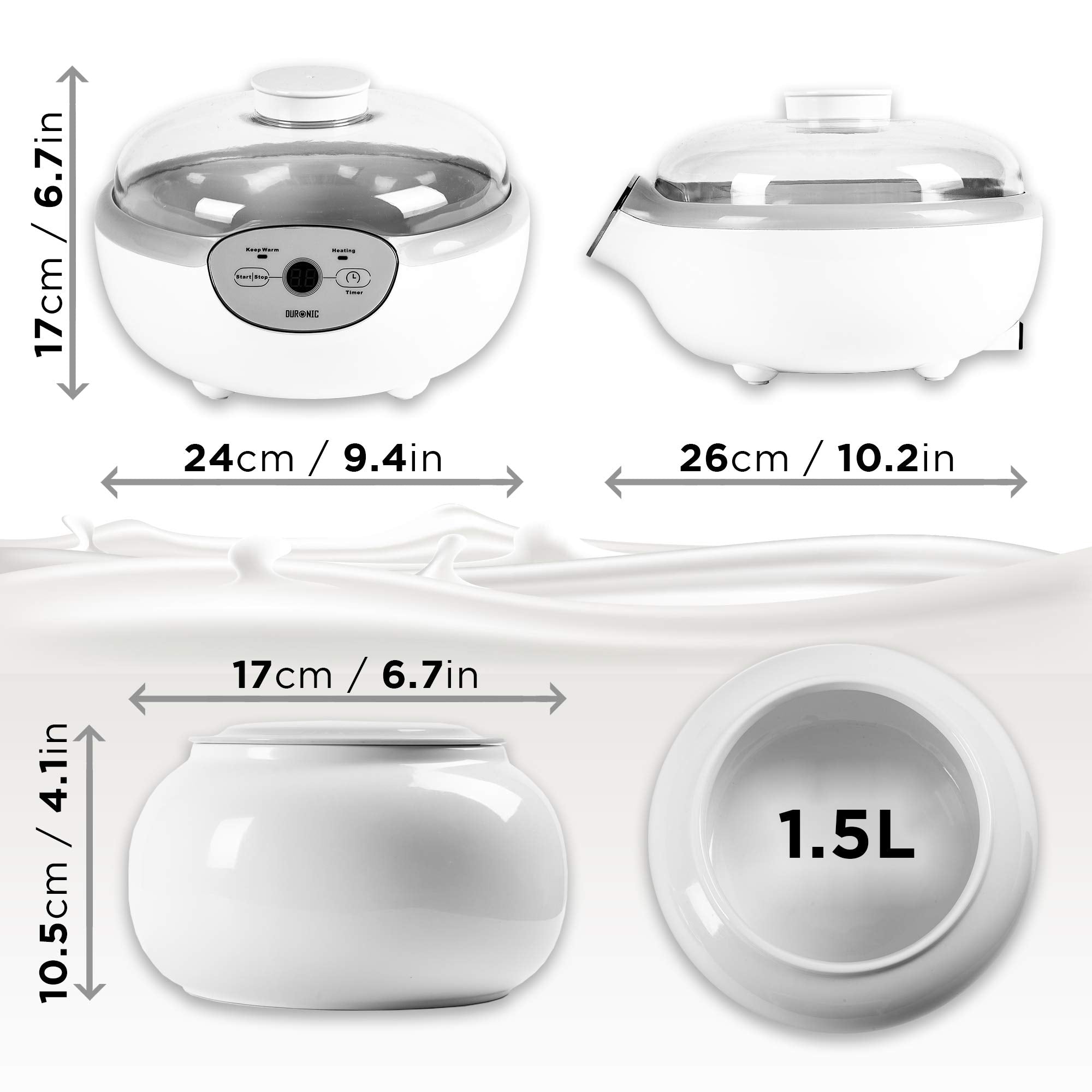 Duronic Yoghurt Makers YM1 Electric Yogurt Maker with Large 1.5L Ceramic Pot Digital Yogurt Making Machine for Homemade Natural Greek Yoghurt 20W Soft Cheese Maker for Healthy Breakfast Protein Snack