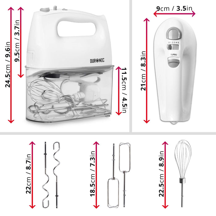 Duronic Hand Mixer Electric Whisk HM4 WE Kitchen Handheld Hand Held Food Mixers for Baking, Dough, Bread, Eggs, Cake Mix, Cream, Brownie Maker Mixer with Whisker Hooks Beater Storage Case 400W - White