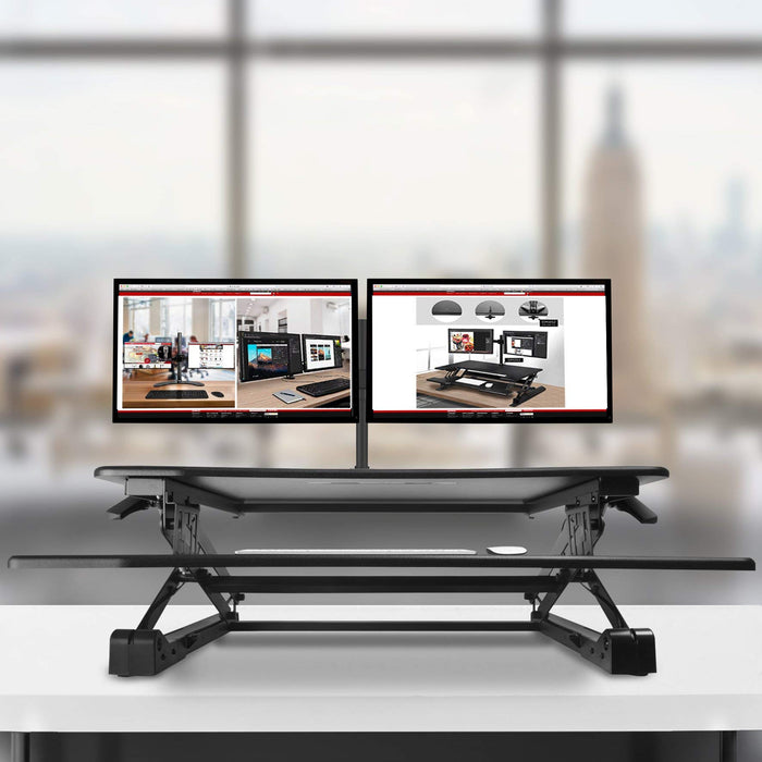 Duronic Sit-Stand Desk DM05D4 | Height Adjustable Office Workstation | 120x59cm Platform | Raises from 15-50cm | Riser for PC Computer Screen, Keyboard, Laptop | Ergonomic Desktop Table Converter