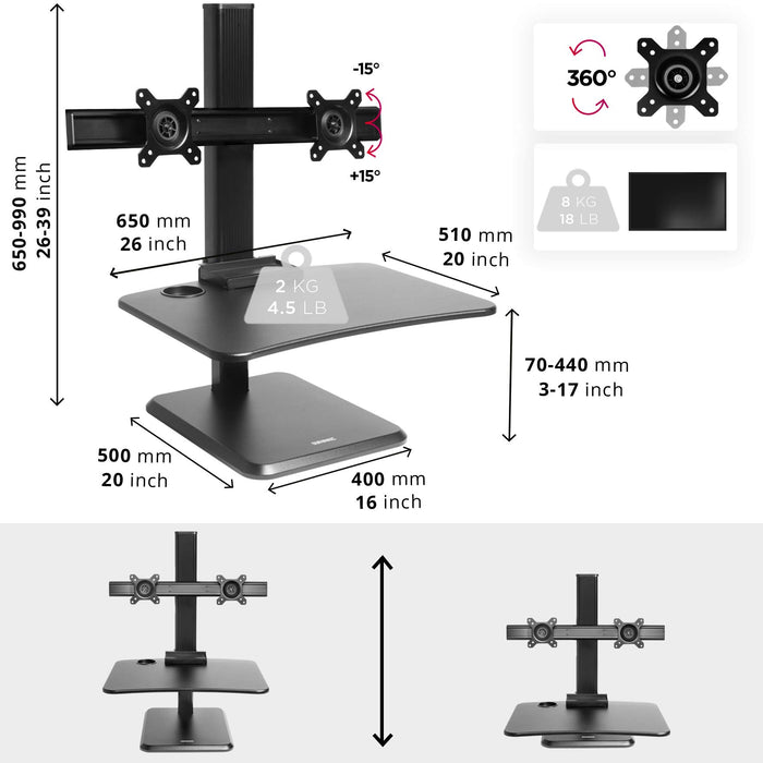 Duronic Sit-Stand Desk DM05D15 | Height Adjustable Office Workstation | 65x35cm Platform | Raises 7-44cm | Riser for PC Computer Screen and Keyboard | Ergonomic Desktop Converter with 2x Screen Mounts