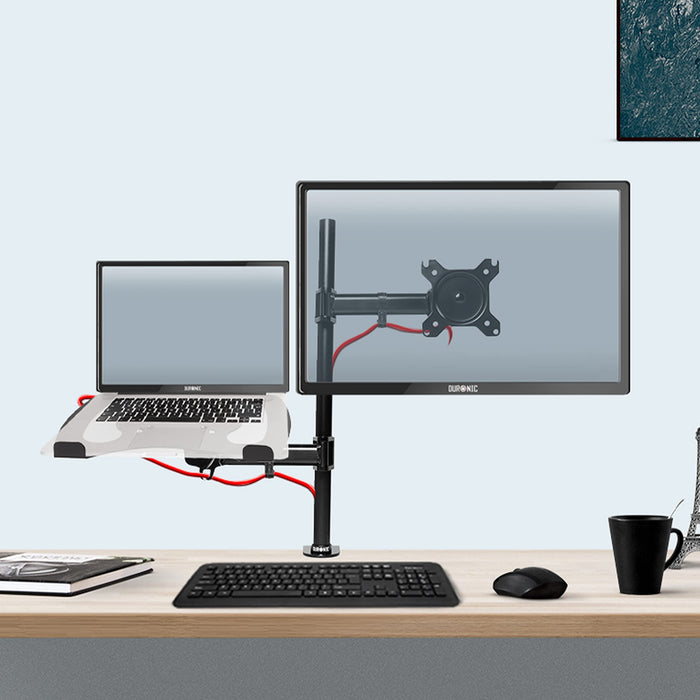 Duronic Desk Mount DM25L1X1 | Single Monitor Stand for 13”-27” LCD/LED PC/TV Screen and Laptop | Dual Arms | Adjustable Support | VESA 75/100 Bracket (Tilt: -90°/+35° | Swivel: 180° | Rotate: 360°)