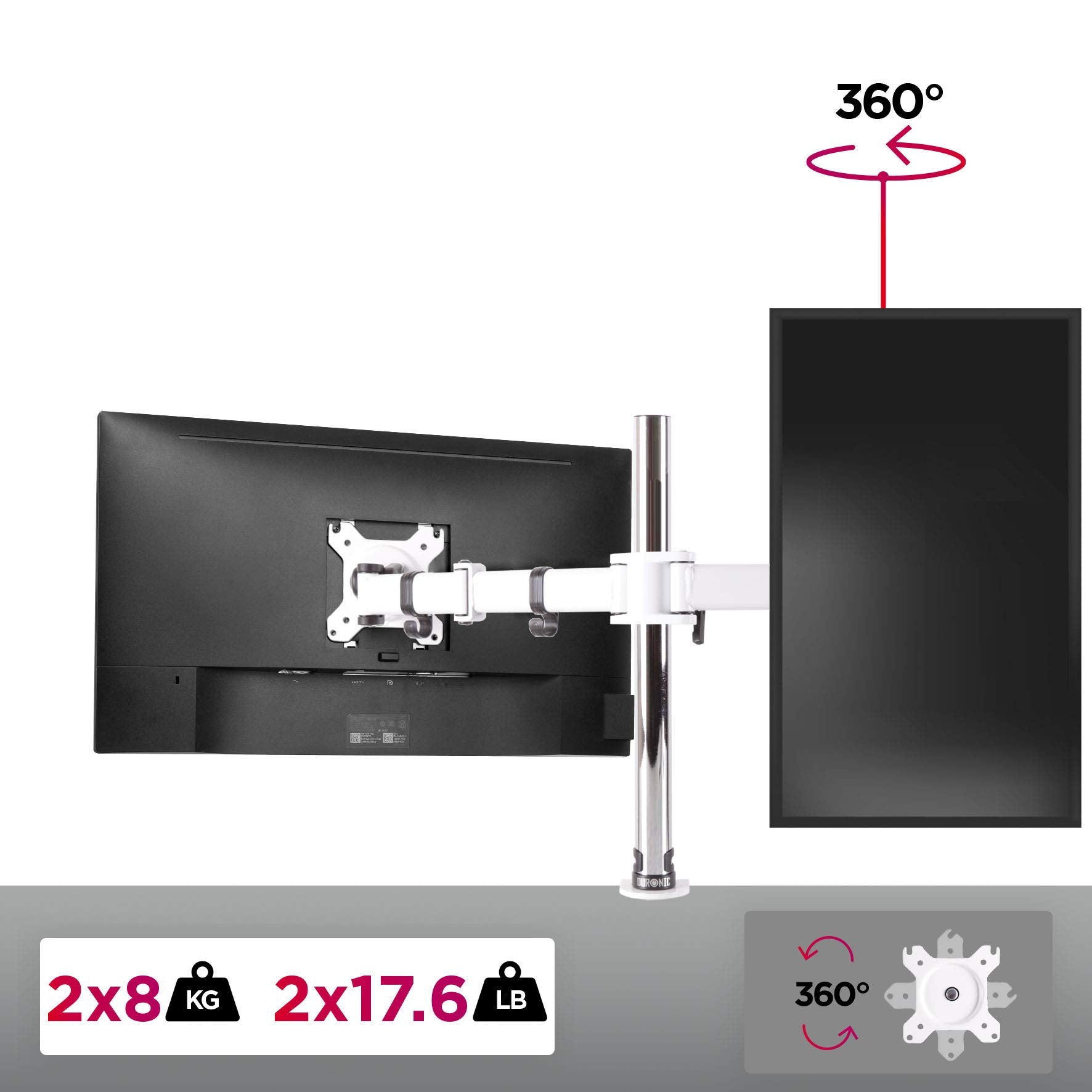 Duronic Dual Monitor Stand DM252 WE PC Desk Monitor Arm Height Adjustable Twin Riser Mount for 13-27” Office Computer Screens 8kg VESA 75 100 Compatible for Dell Phillips HP Samsung